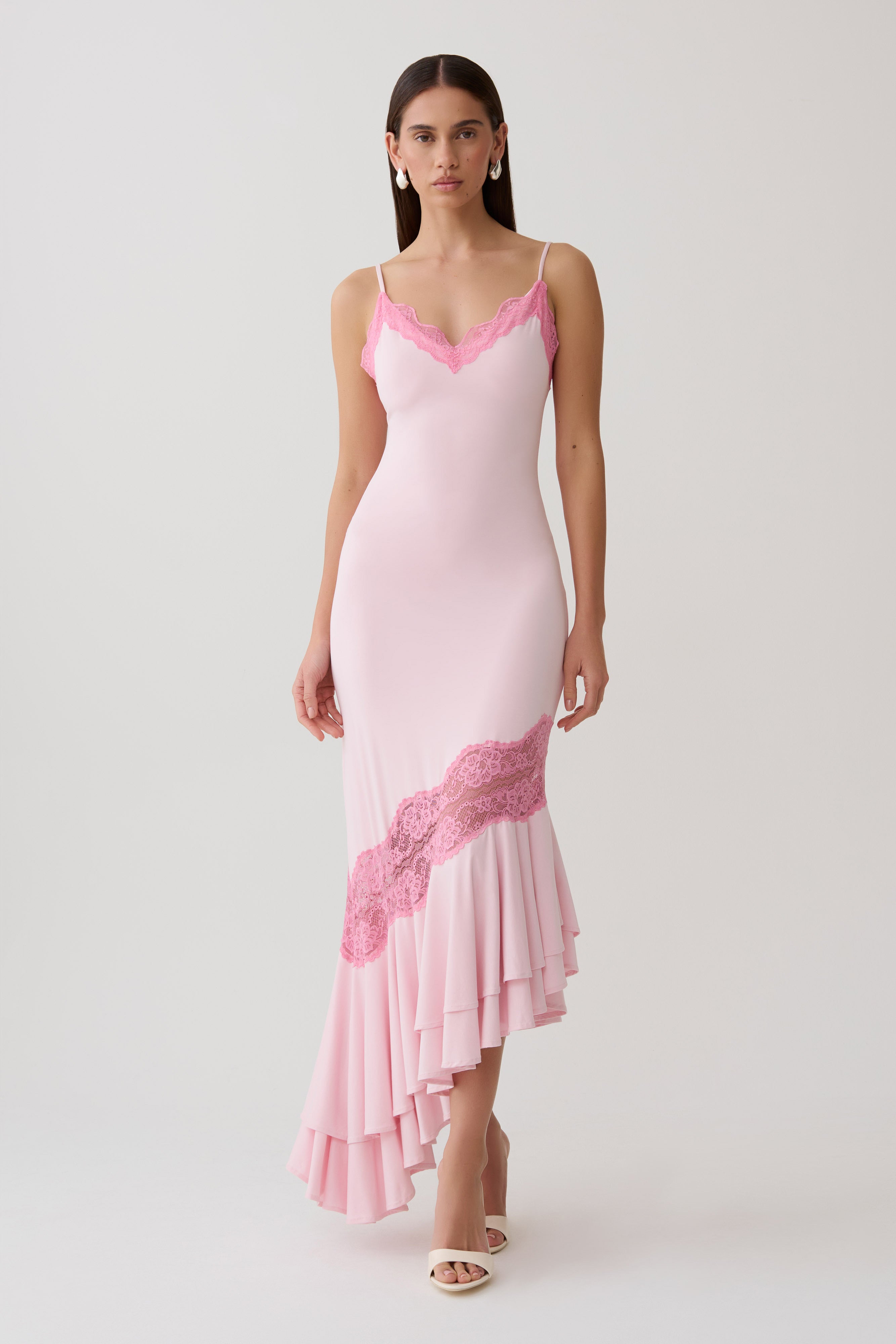 Annis Frilled Hem Lace Midi Dress - Pink | MESHKI US