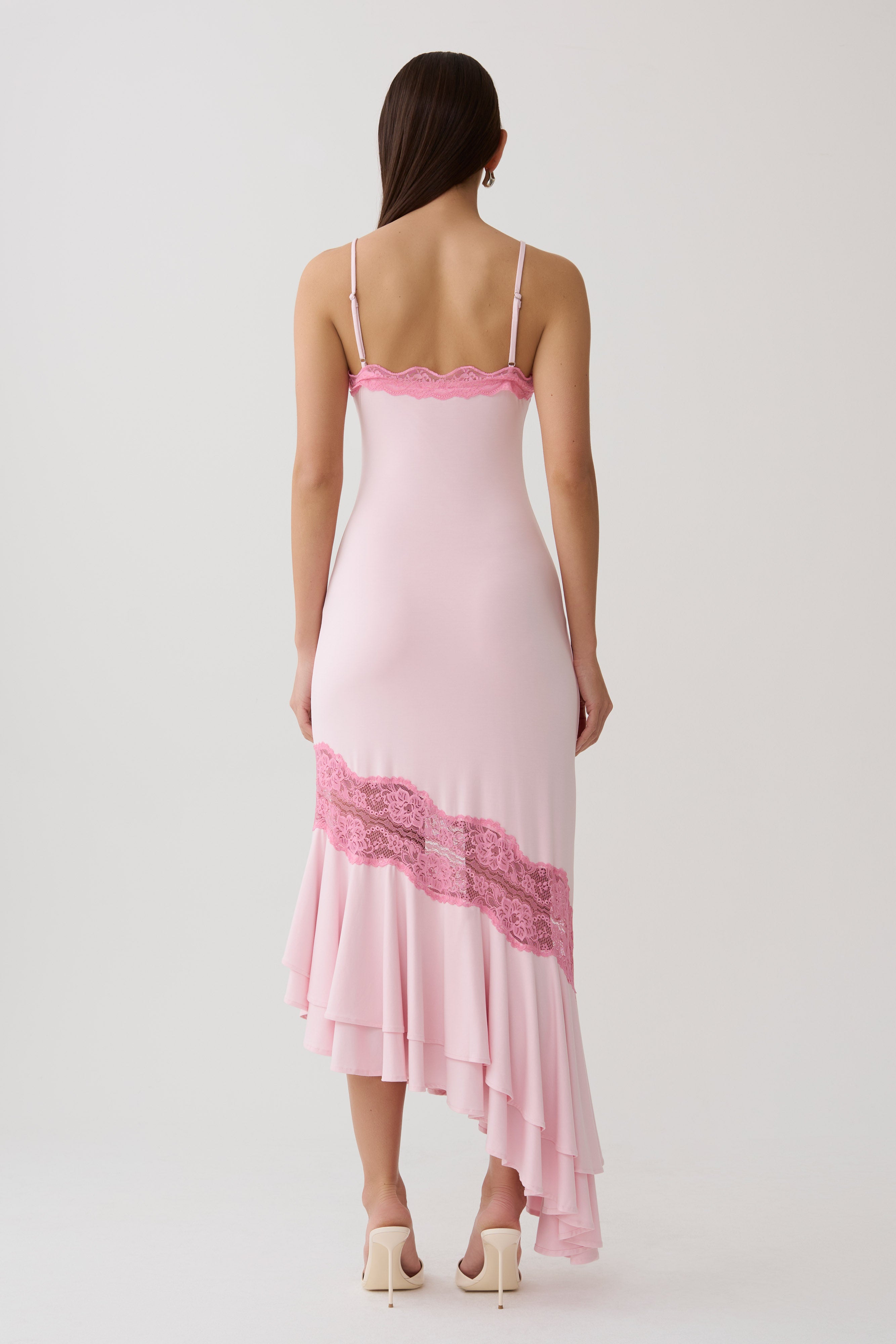 Annis Frilled Hem Lace Midi Dress - Pink | MESHKI US