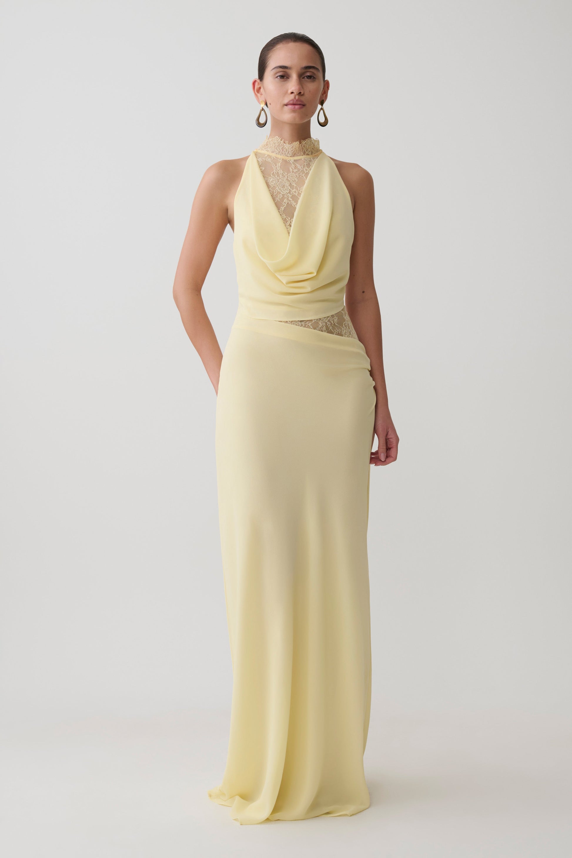 Arra Chiffon And Lace Halter Maxi Dress / Lemon | MESHKI