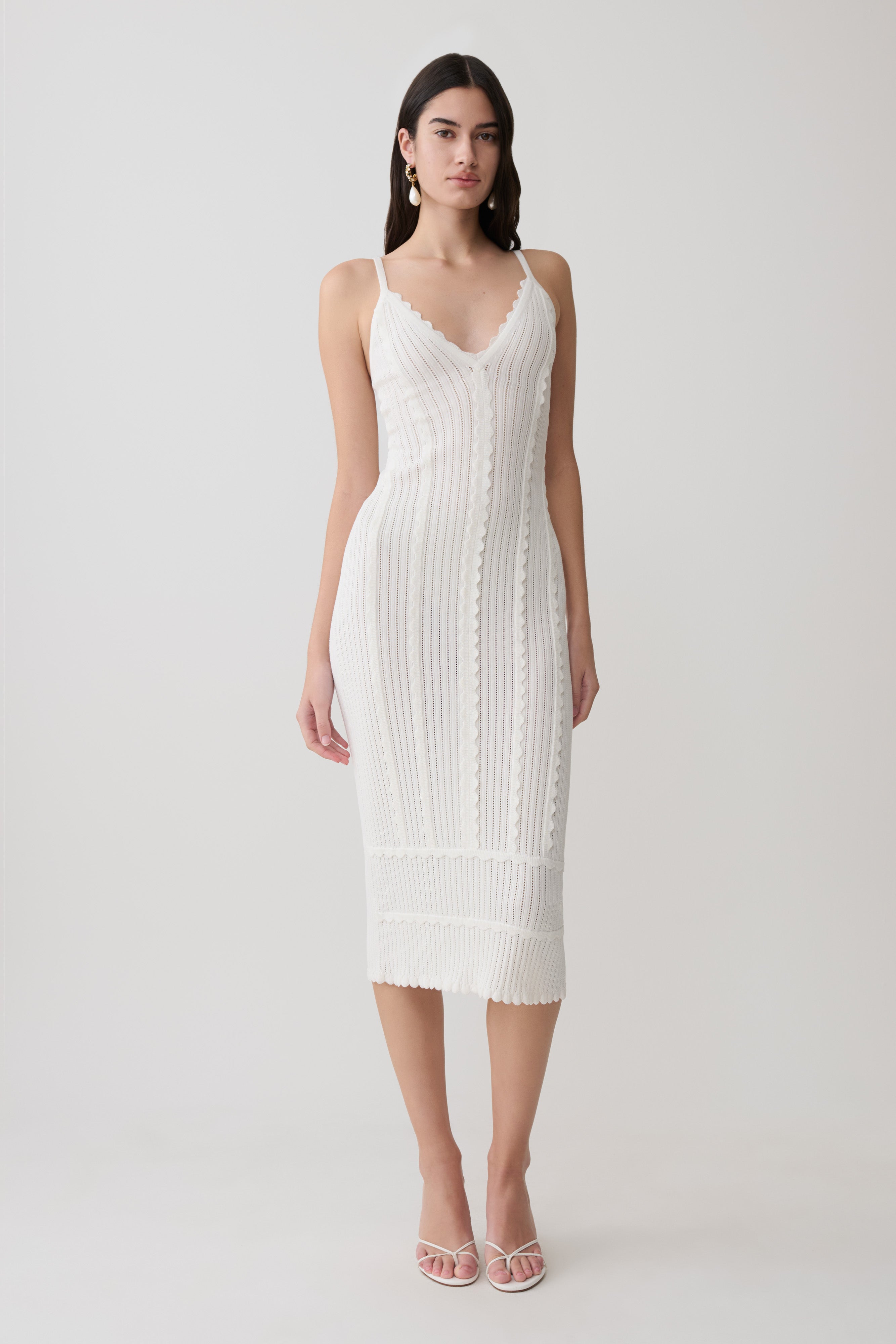 Cooper Scalloped Neckline Pointelle Midi Dress - White | MESHKI US