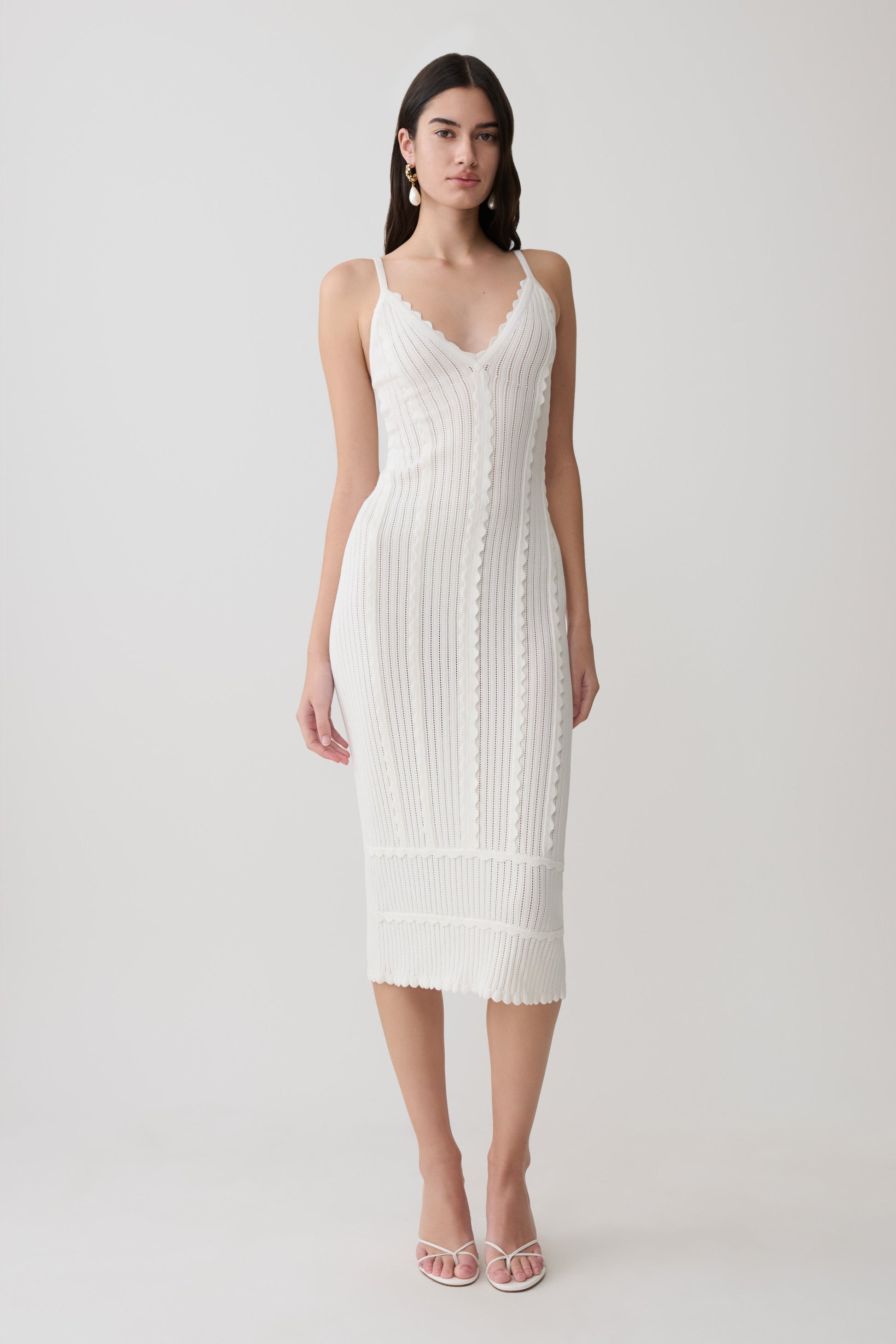 Cooper Scalloped Neckline Pointelle Midi Dress / White | MESHKI