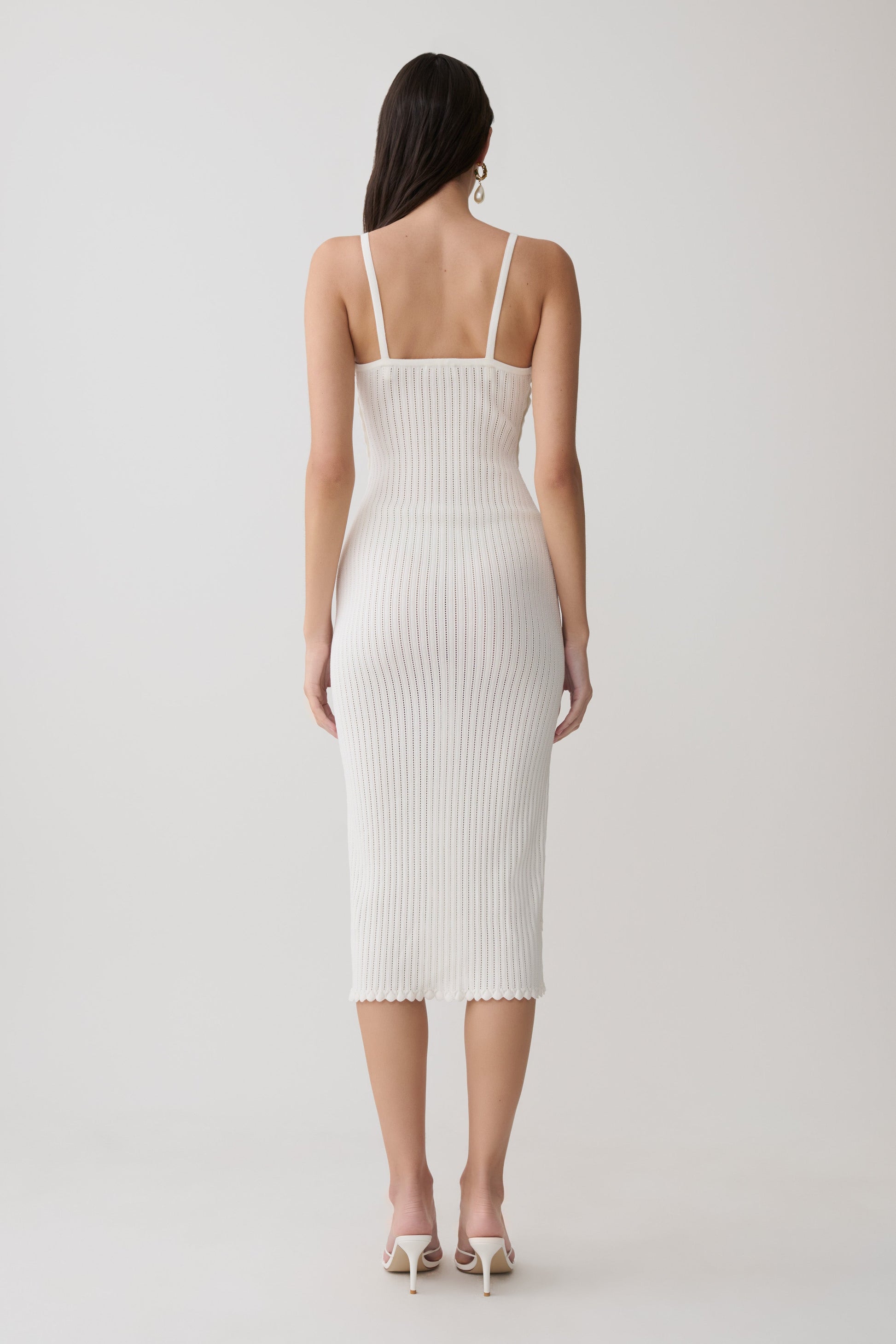 Cooper Scalloped Neckline Pointelle Midi Dress / White | MESHKI