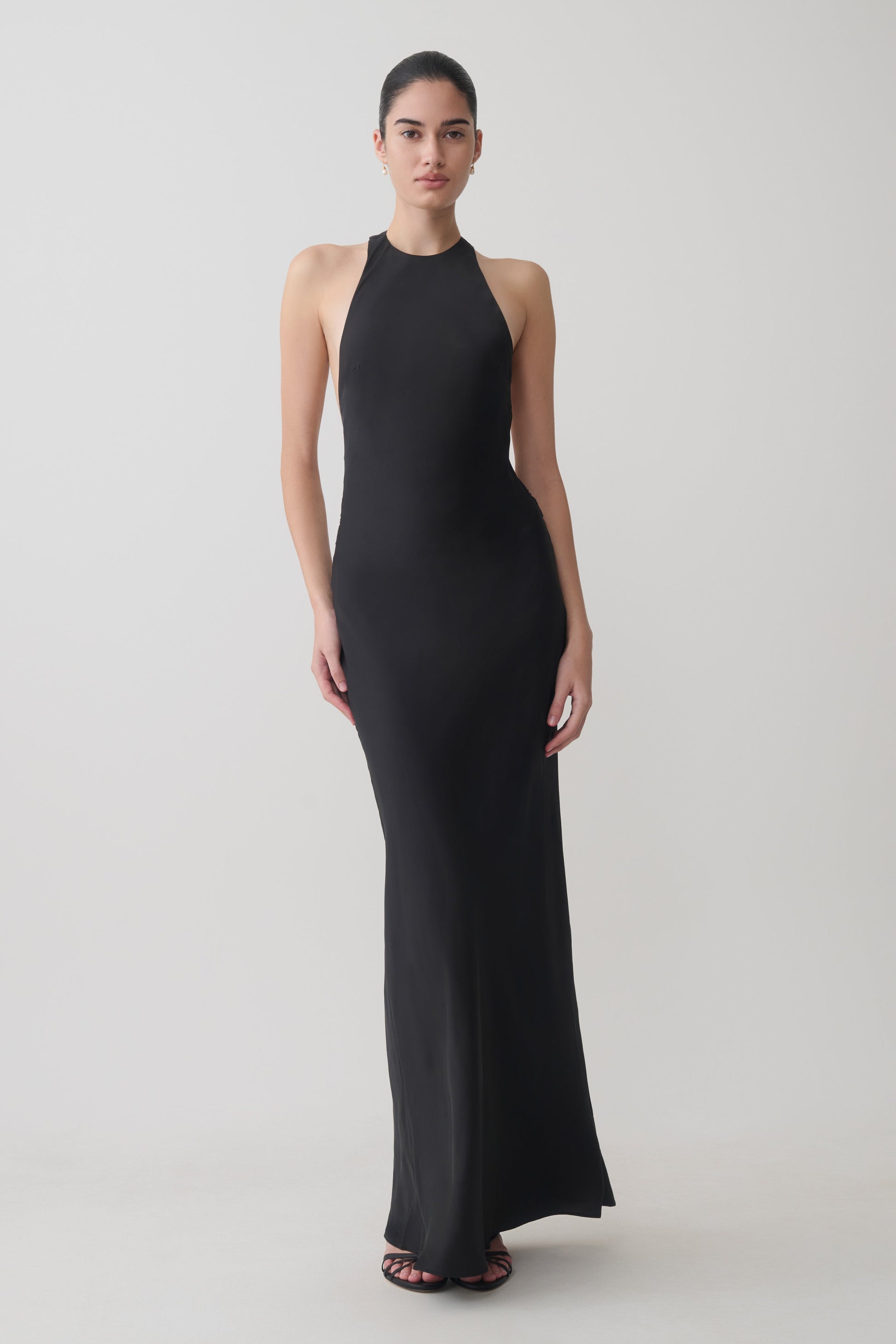 halter neck black satin dress MAREN SATIN HALTER MAXI Dress | Tie-Neck Wedding Guest Dress