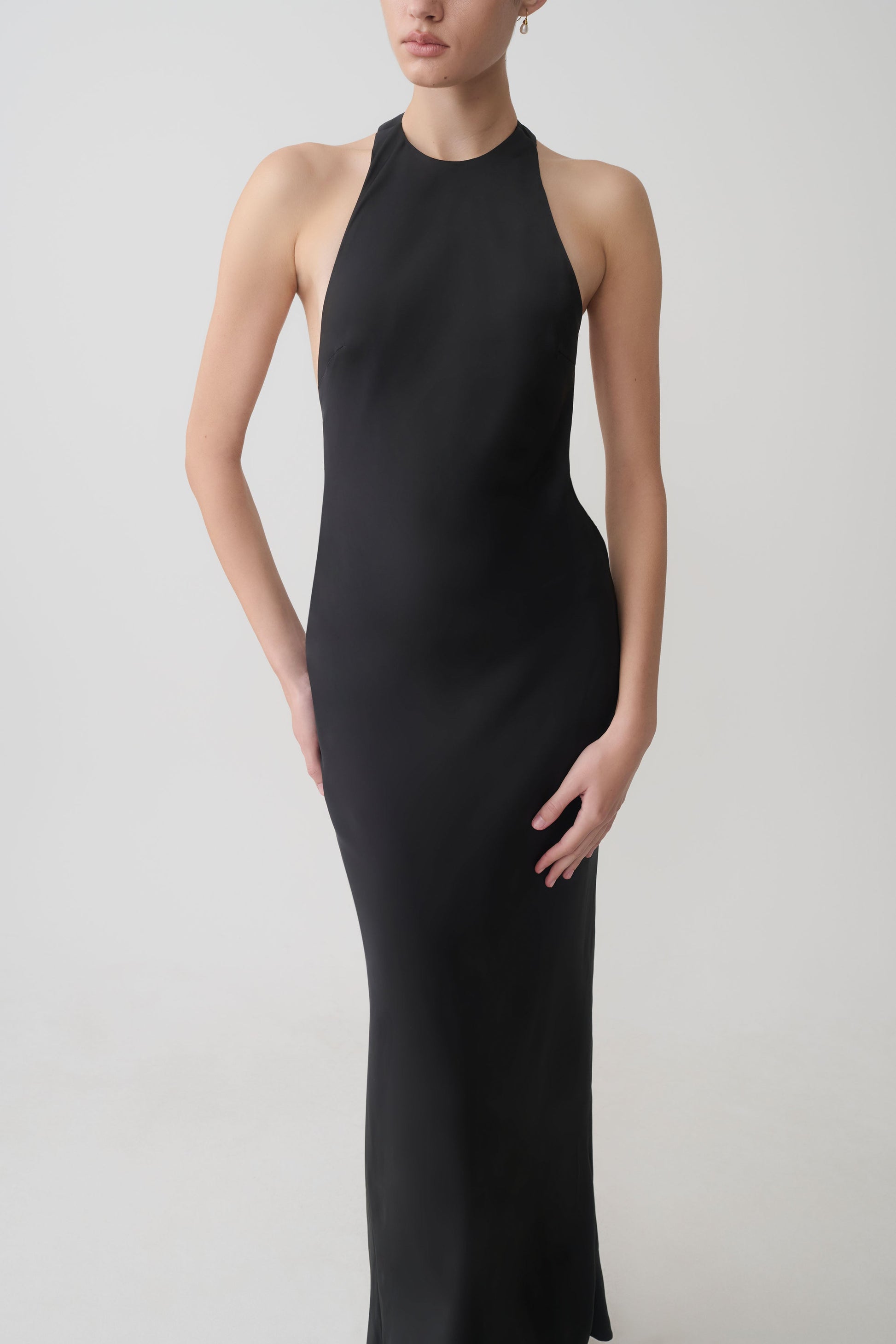 black satin high neck maxi dress Black Maxi Satin Sleeved Dress with High leg Slit