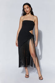 Yasmin Wrap Over Midi Dress With Fringing - Black