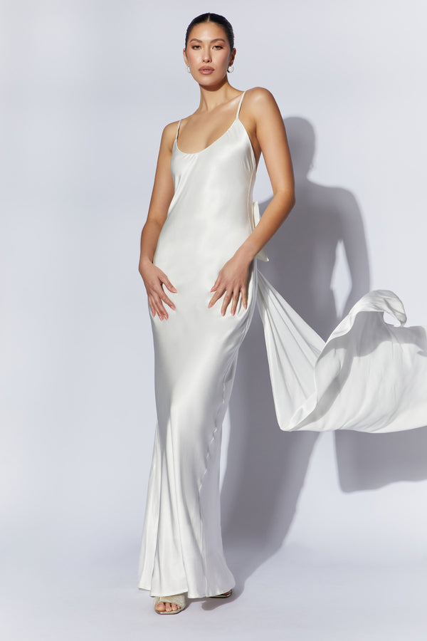Kailey Low Back Maxi Dress With Detachable Bow Train - White