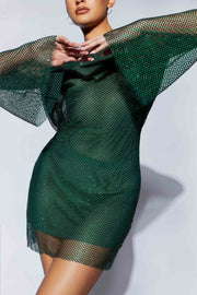 Samira Flare Sleeve Diamante Mesh Mini Dress - Emerald