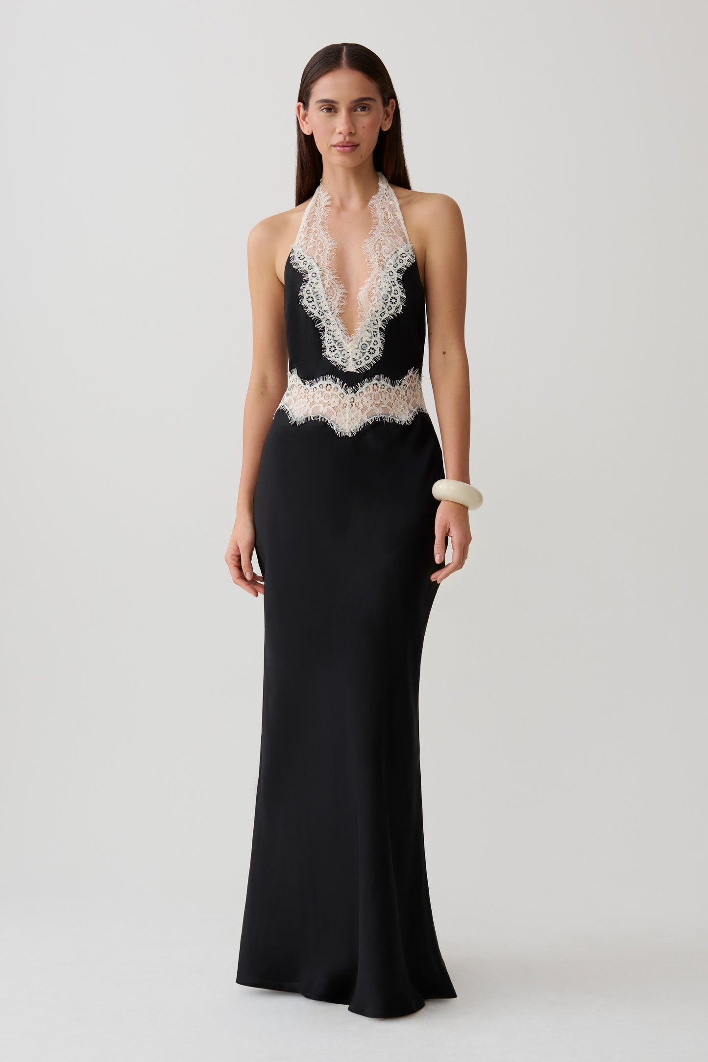 Louise Satin And Lace Maxi Dress - Black/Ivory