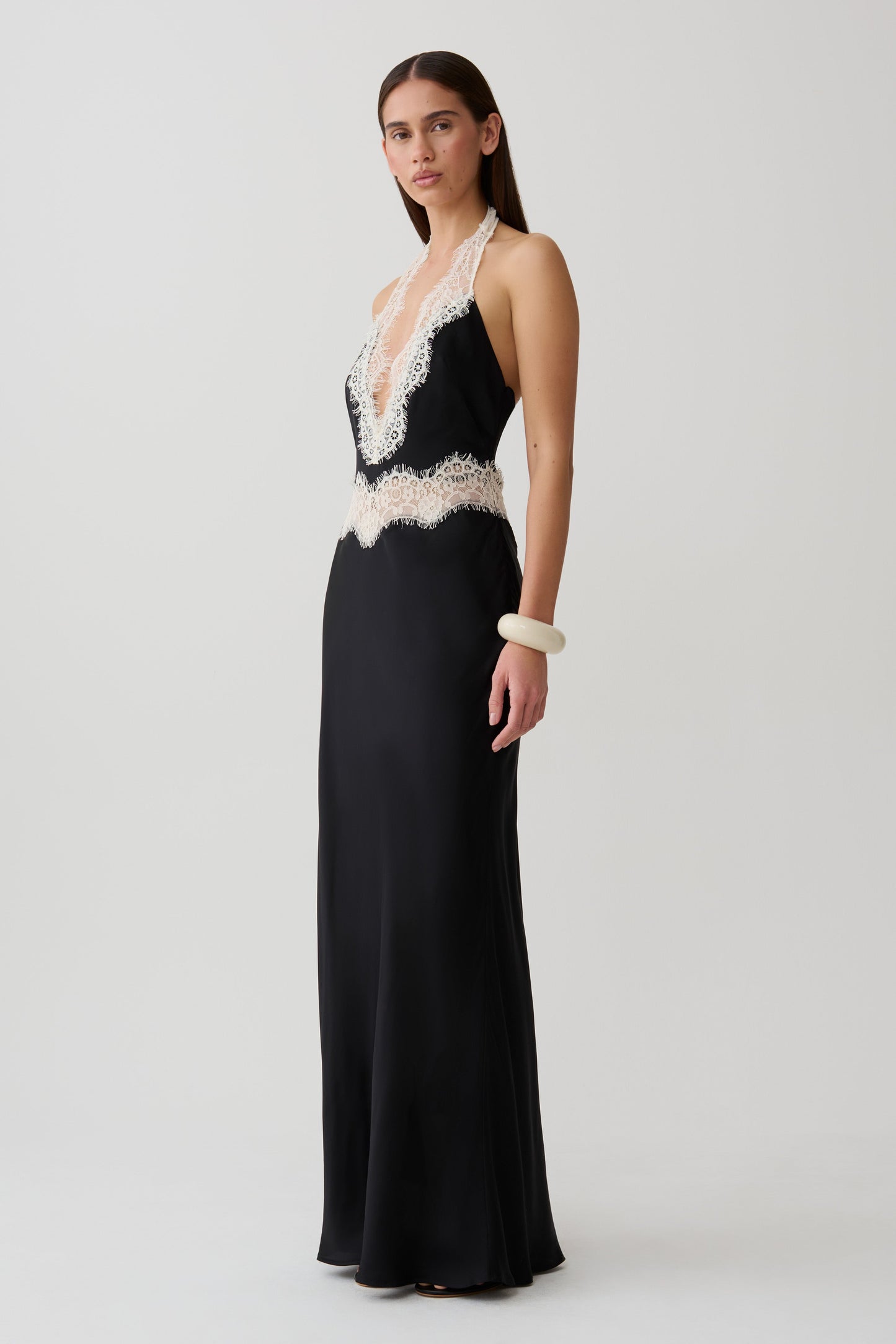 Louise Satin And Lace Maxi Dress - Black/Ivory