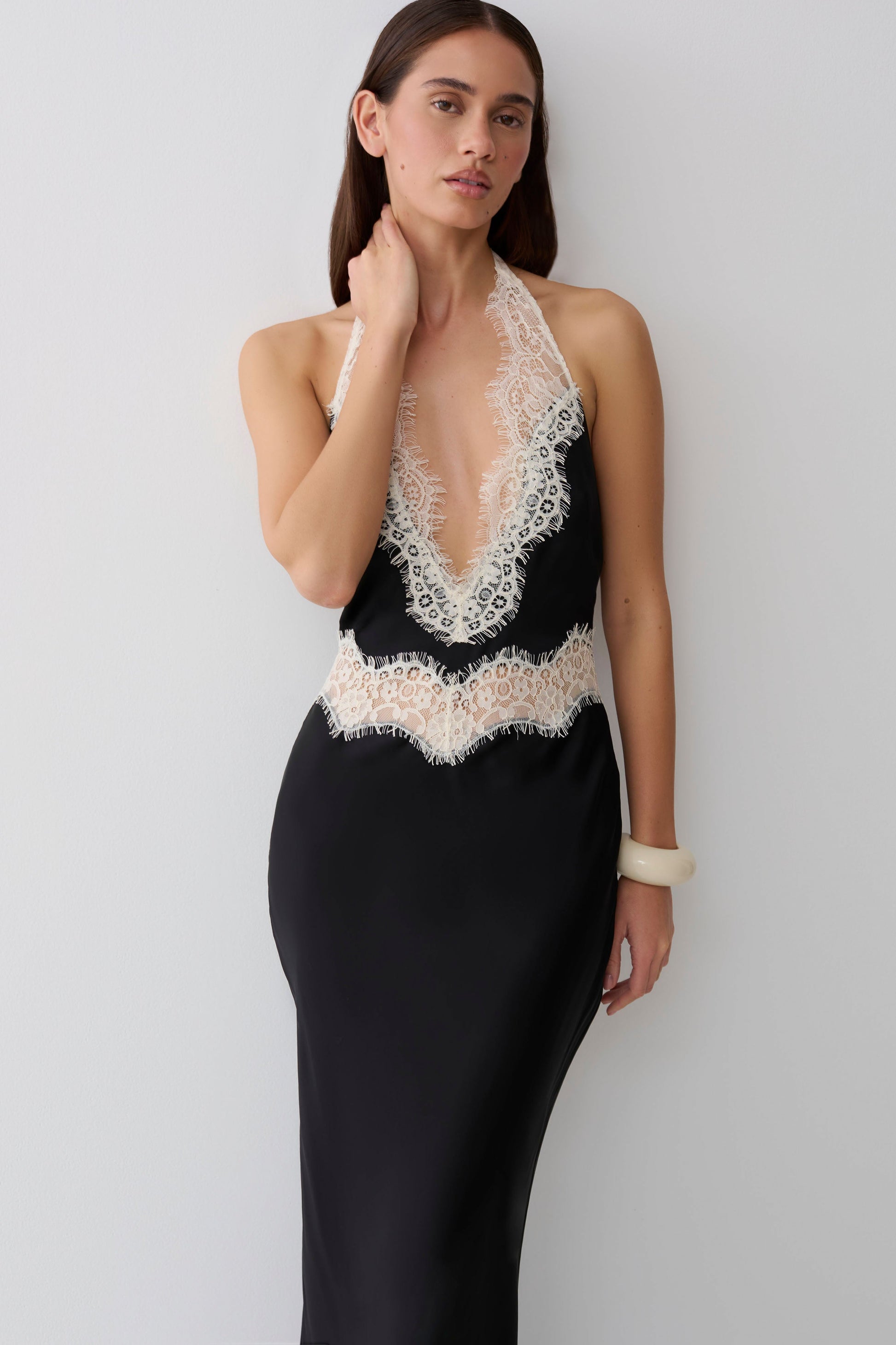 Louise Satin And Lace Maxi Dress - Black/Ivory #7