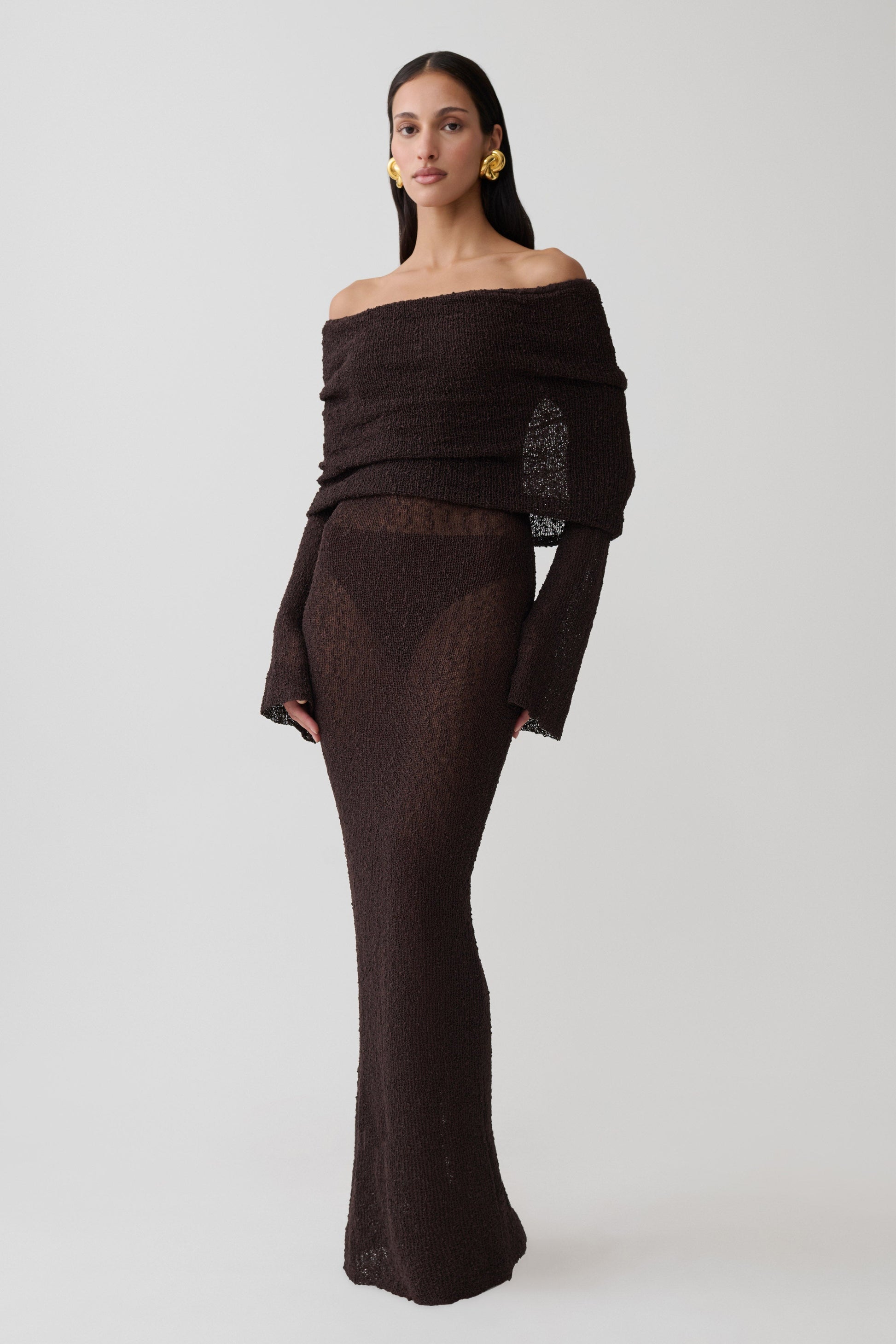 Marisol Off Shoulder Boucle Maxi Dress - Dark Chocolate #4