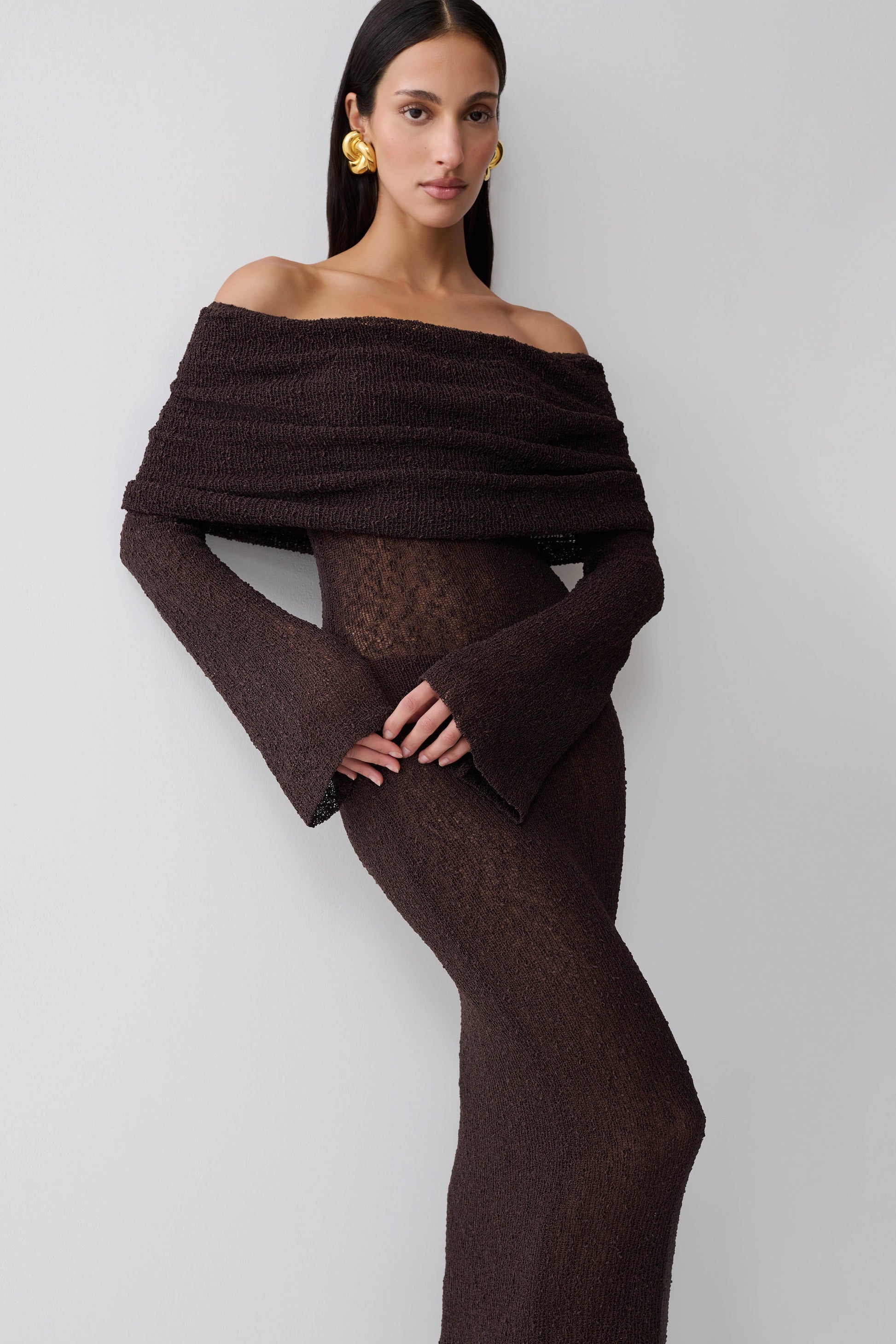 Marisol Off Shoulder Boucle Maxi Dress - Dark Chocolate #7