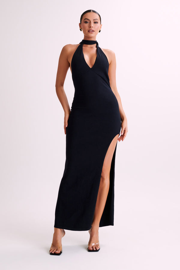 Koko Knit Maxi Dress With Split - Black - MESHKI U.S