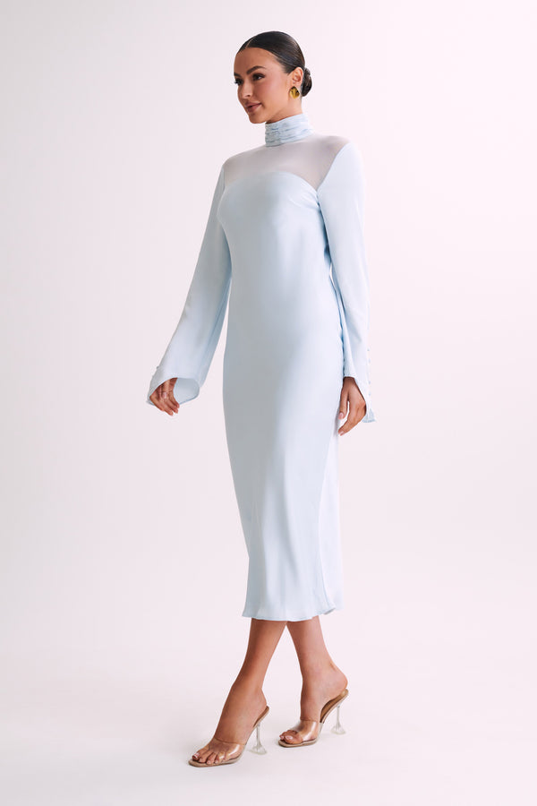 Patricia High Neck Satin Midi Dress - Powder Blue