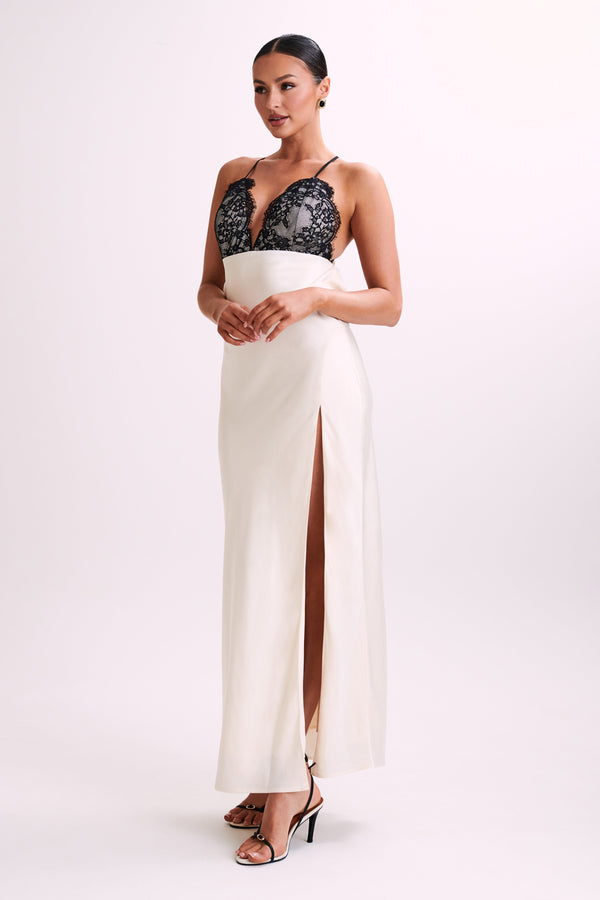 Gina Satin Slip Maxi Dress With Lace - Ivory