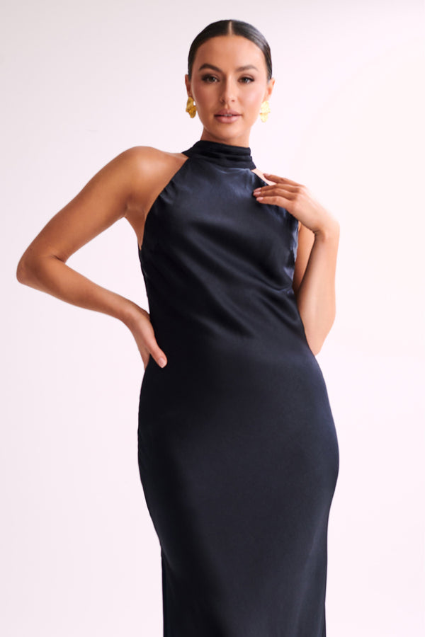 Claire Satin Drape Back Maxi Dress with Split - Black - MESHKI U.S