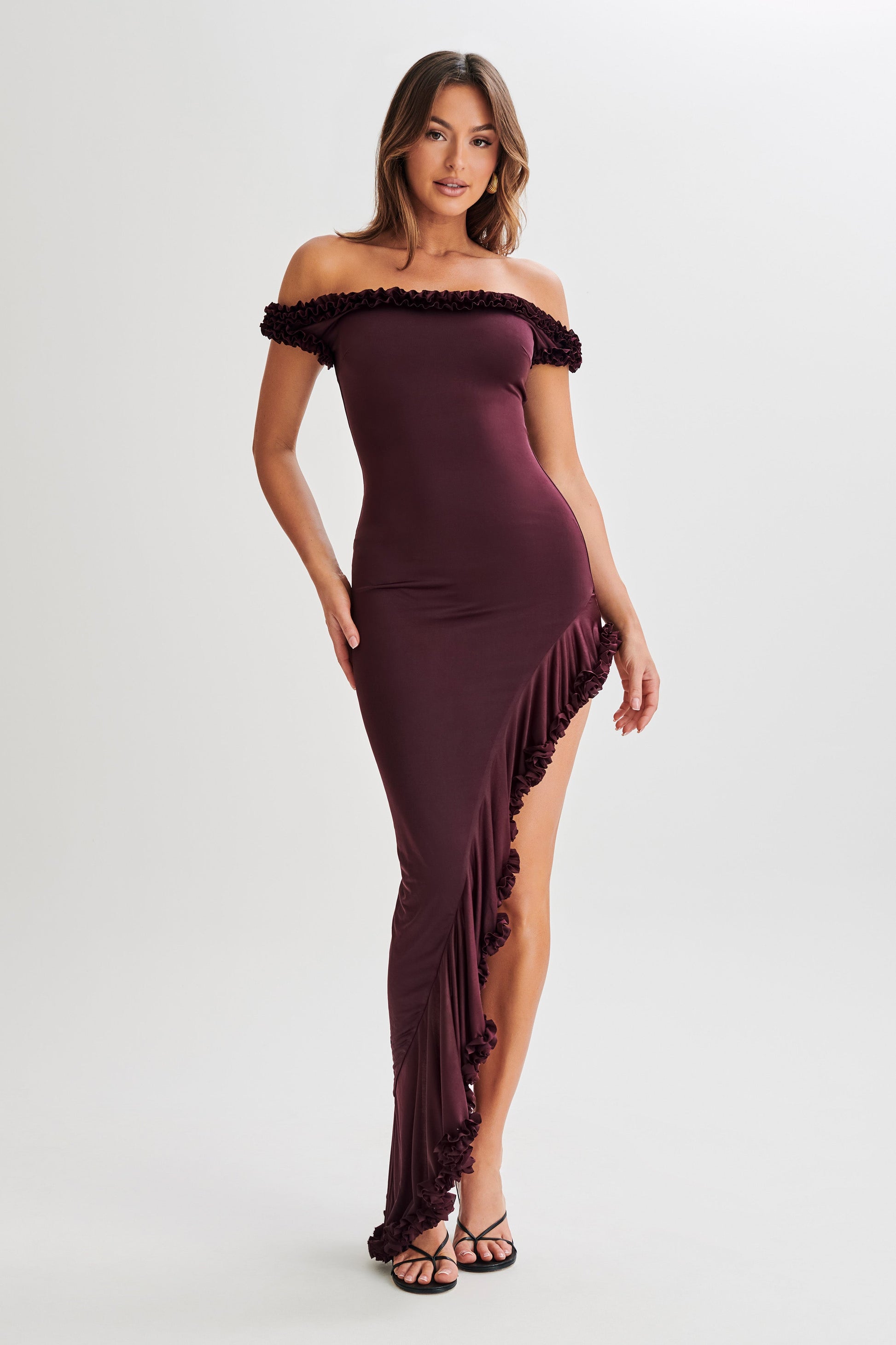 Arielle Off Shoulder Ruffle Midi Dress - Plum | MESHKI US Arielle Off Shoulder Ruffle Midi Dress - Plum | MESHKI US