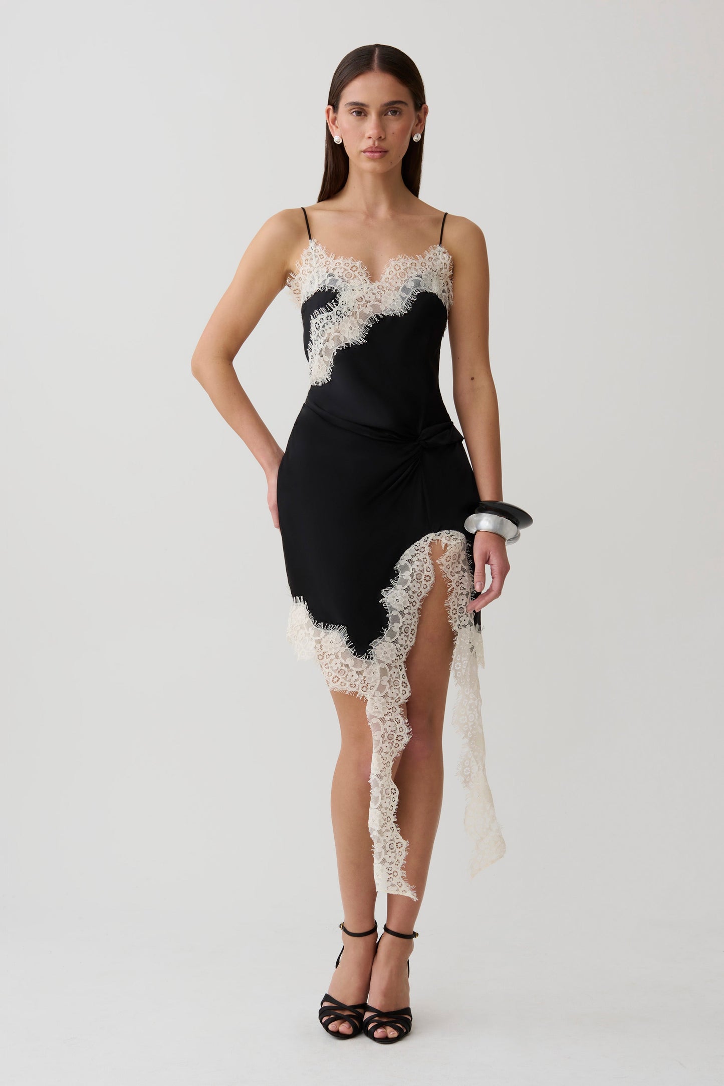 Amber Satin And Lace Mini Dress - Black/Ivory