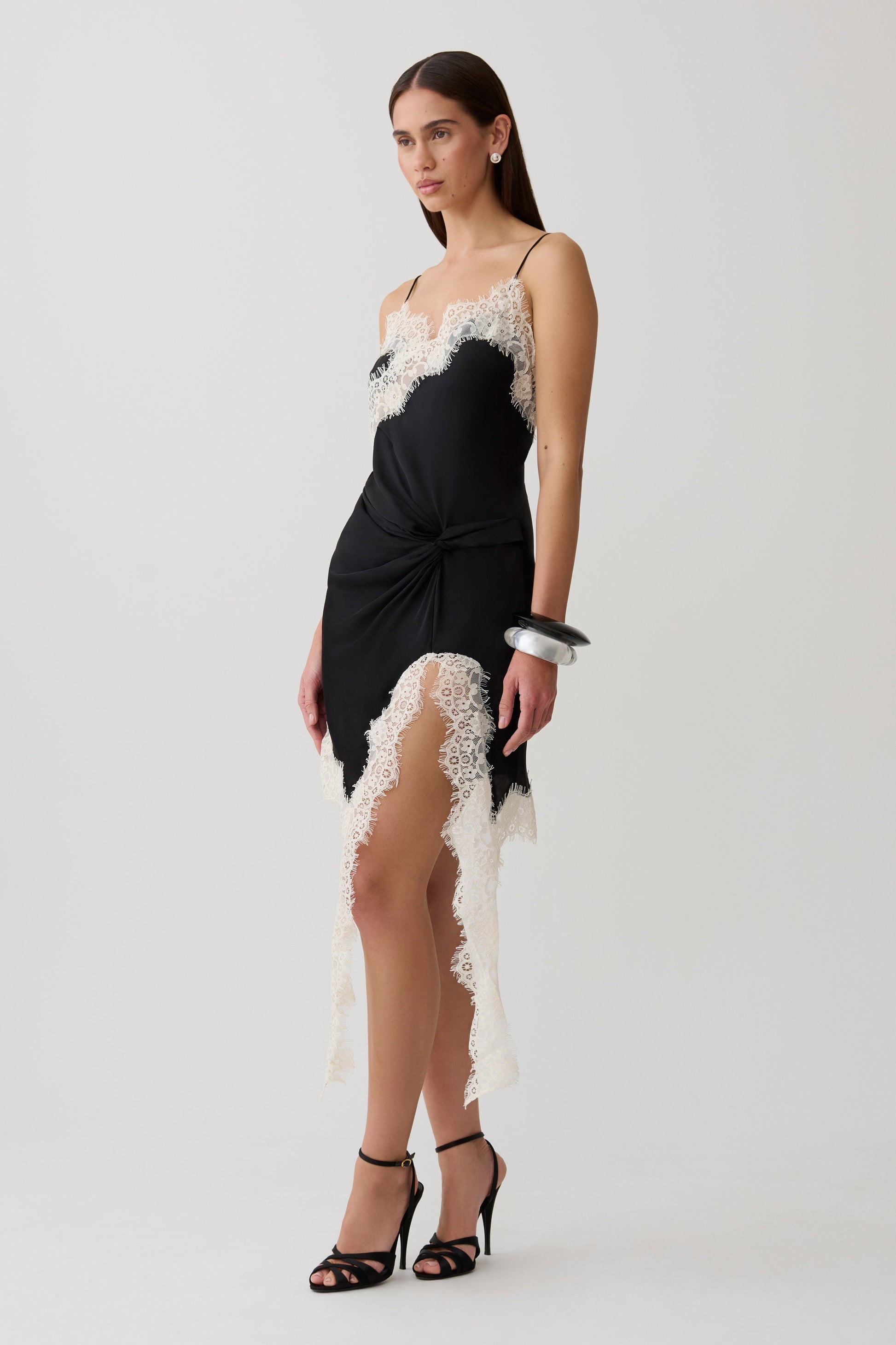 Amber Satin And Lace Mini Dress - Black/Ivory #4