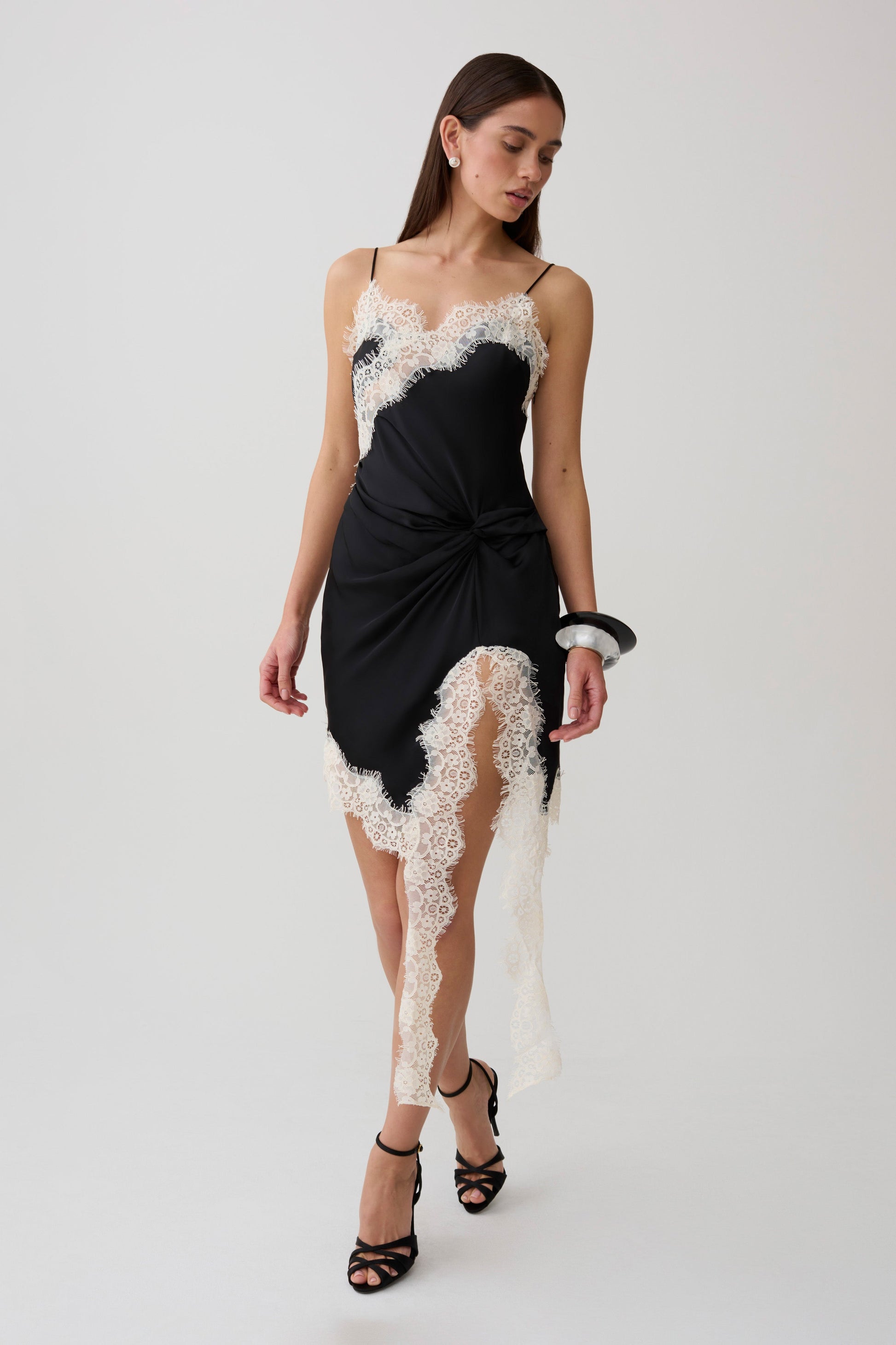 Amber Satin And Lace Mini Dress - Black/Ivory #3