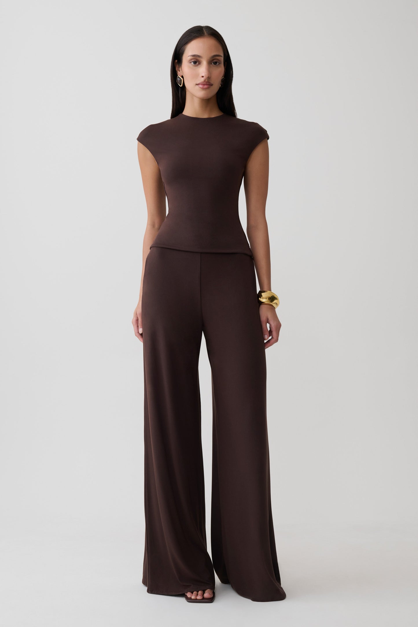 Krysh Wide Leg Peached Jersey Pants - Chocolate
