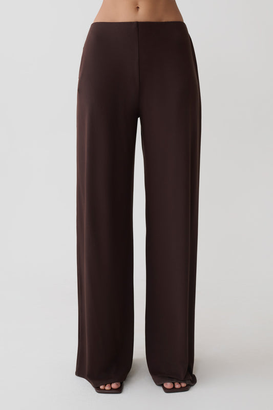 Krysh Wide Leg Peached Jersey Pants - Chocolate