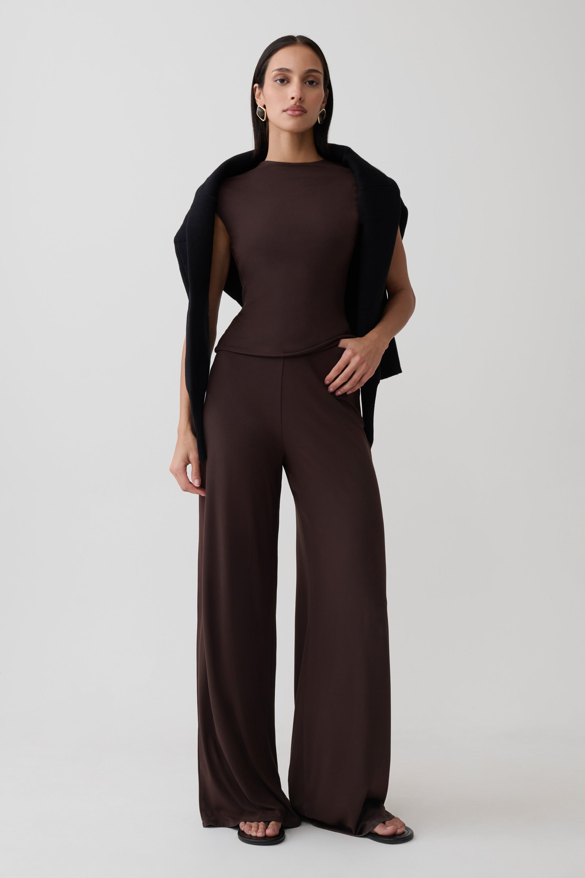 Krysh Wide Leg Peached Jersey Pants - Chocolate #6