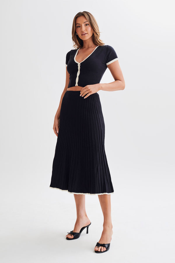 Jolene Contrast Rib Knit Midi Skirt - Black