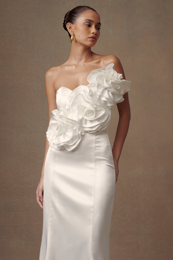 Olivia Strapless Satin Rose Wedding Gown - White
