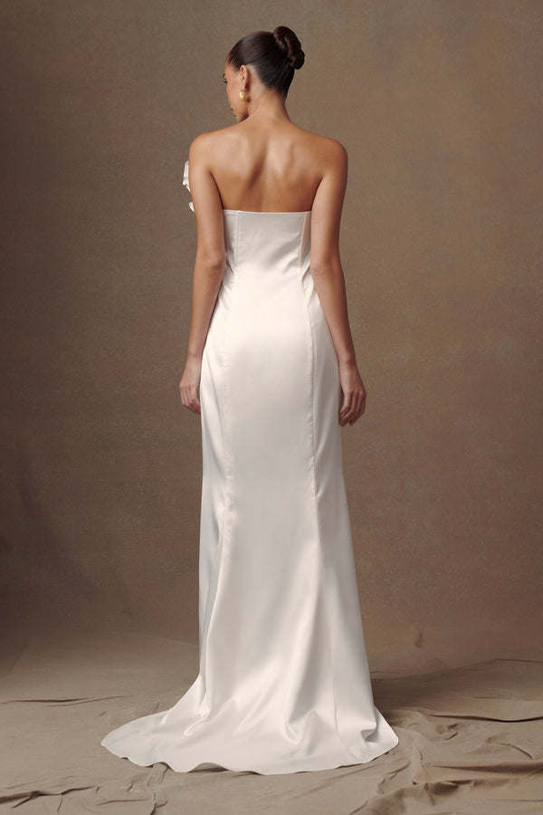 Olivia Strapless Satin Rose Wedding Gown - White