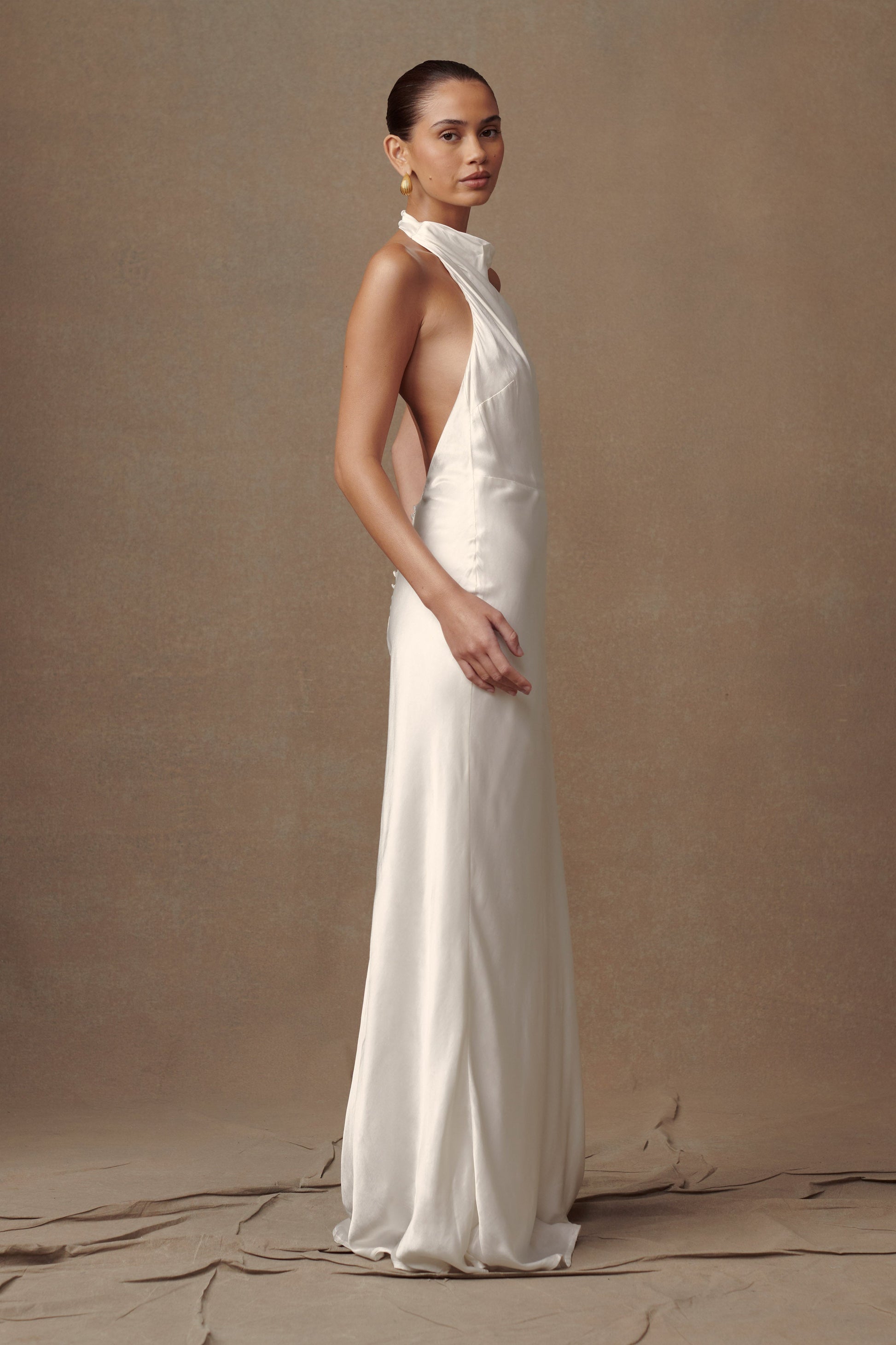 Esther Iridescent Satin Cowl Maxi Dress / Ivory | MESHKI | XS Esther Iridescent Satin Cowl Maxi Dress / Ivory | MESHKI | XS