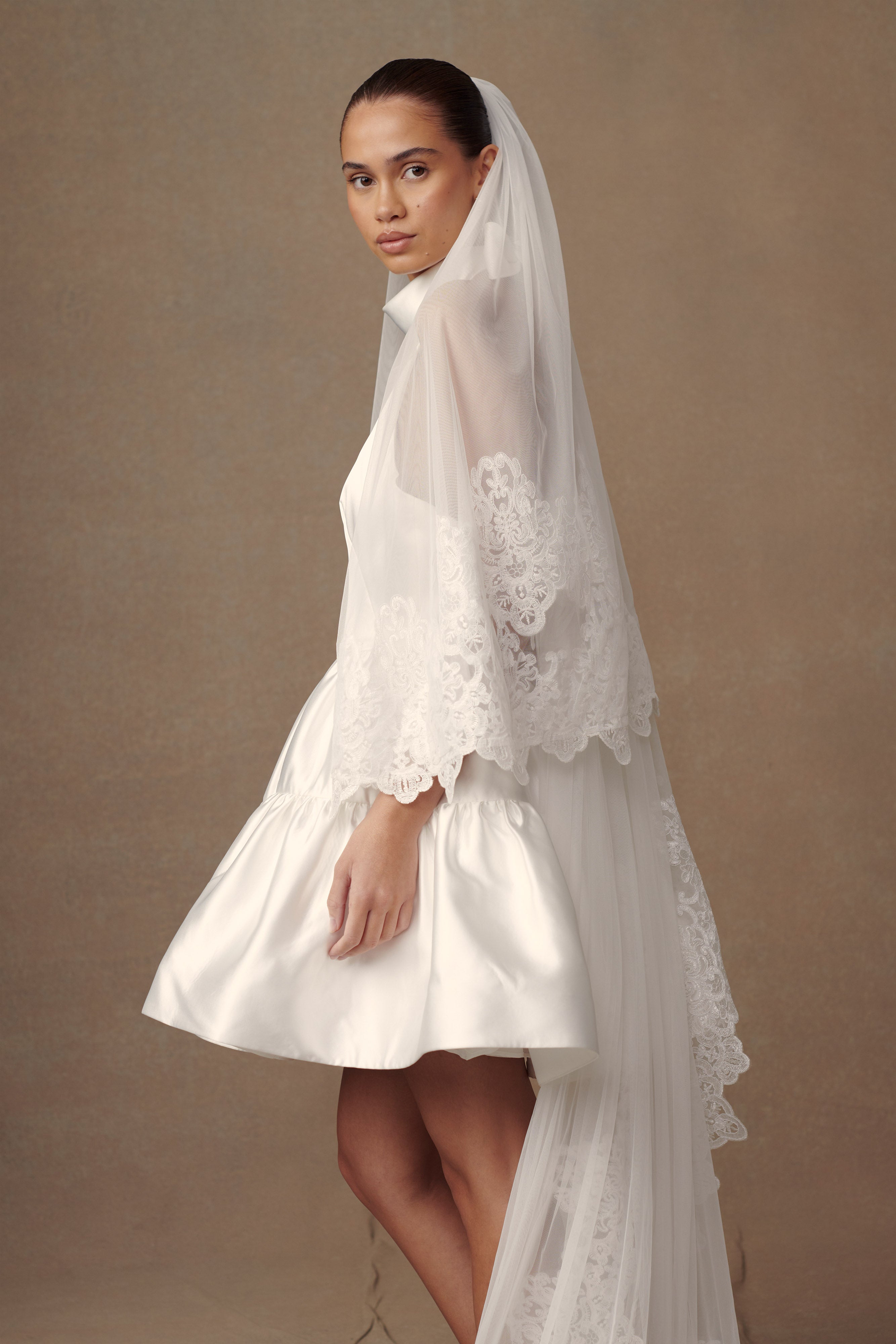 Paulette Lace Trim Veil - White | MESHKI US