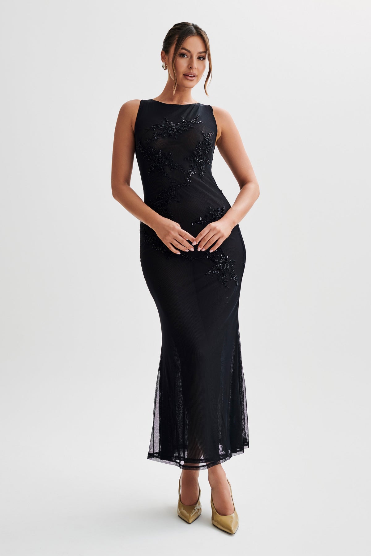 Maeva Embroidered Mesh Maxi Dress - Black #7