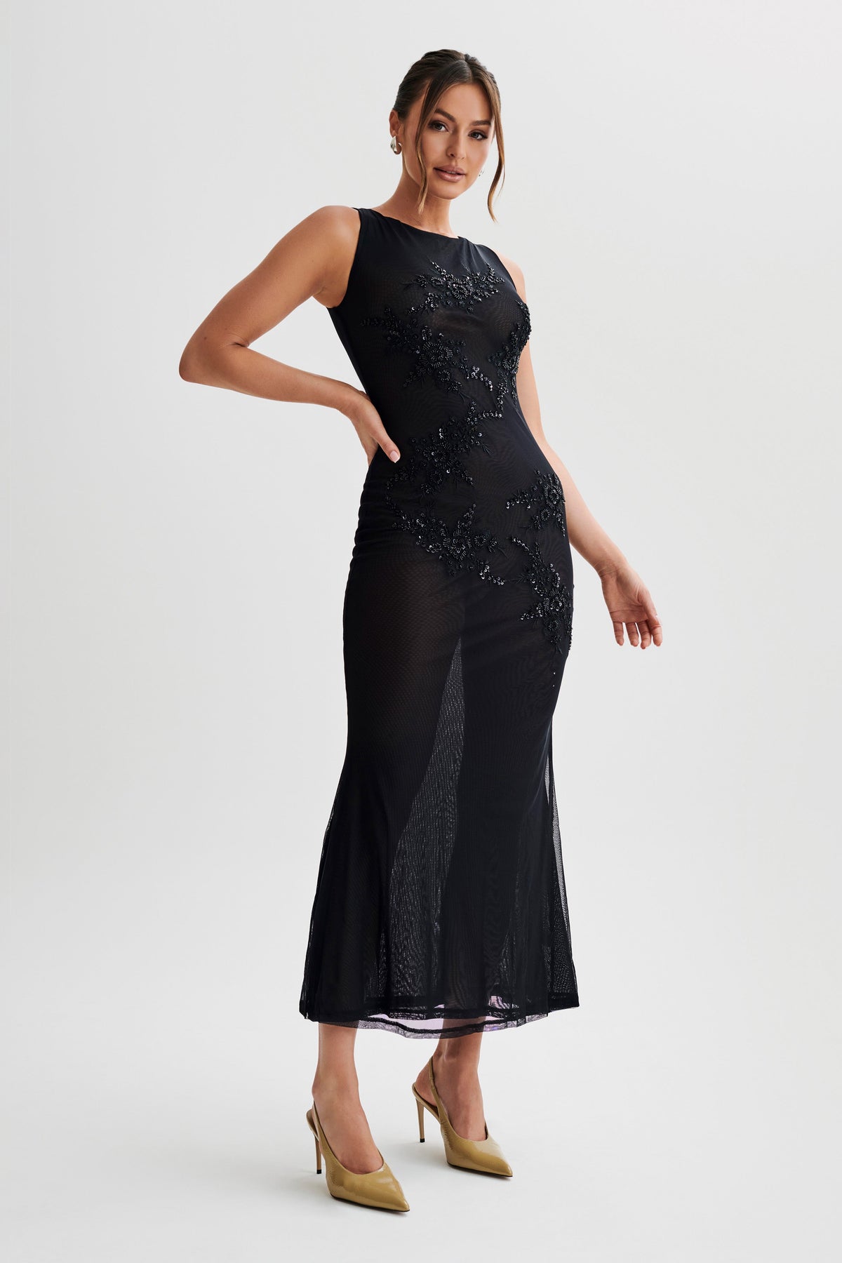 Maeva Embroidered Mesh Maxi Dress - Black #5