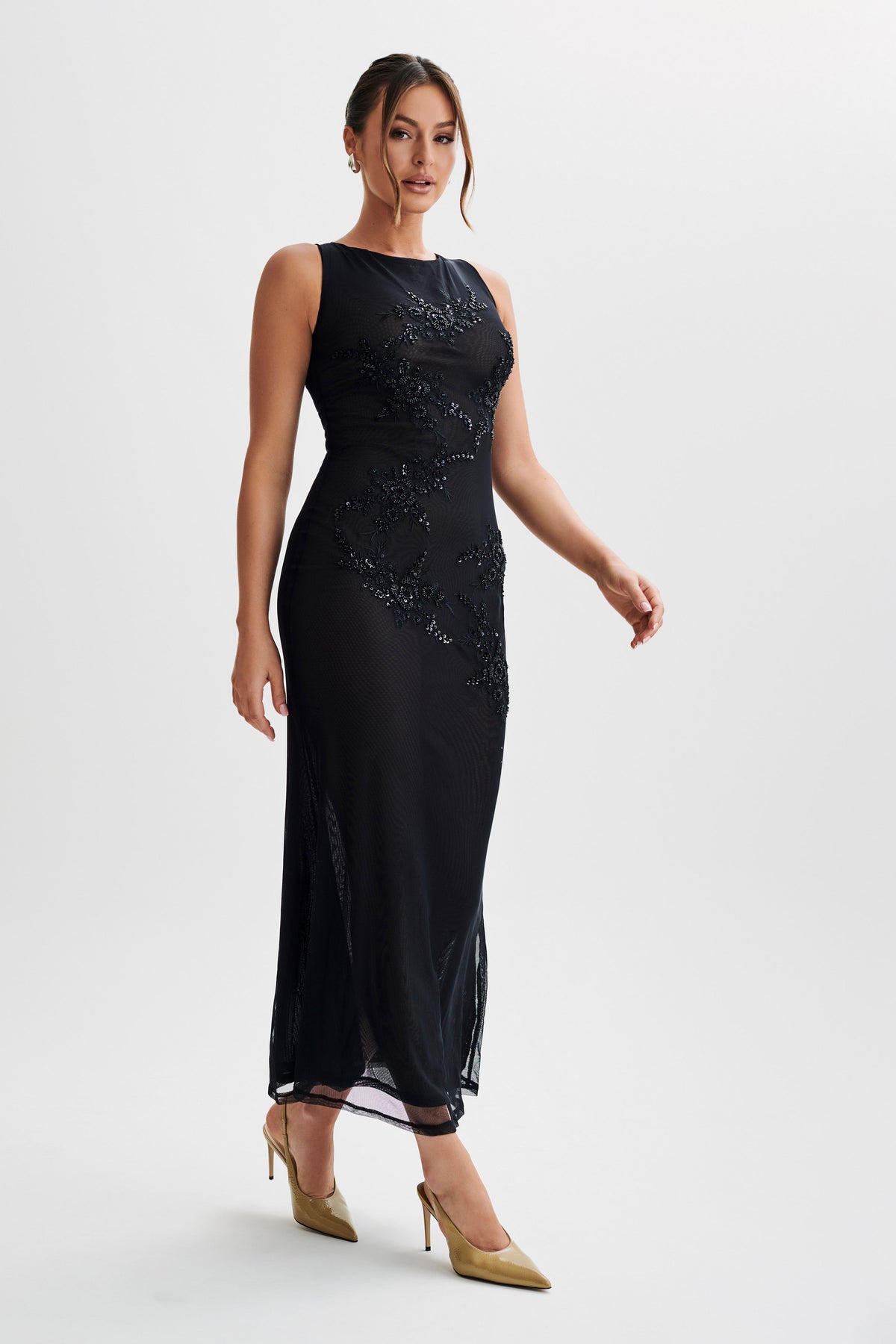 Maeva Embroidered Mesh Maxi Dress - Black #8
