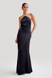 Blanche Satin Pearl Halter Maxi Dress - Black
