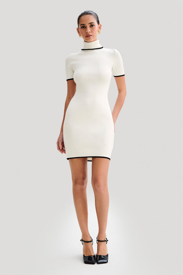 Hayley Turtleneck Contrast Knit Mini Dress - Ivory