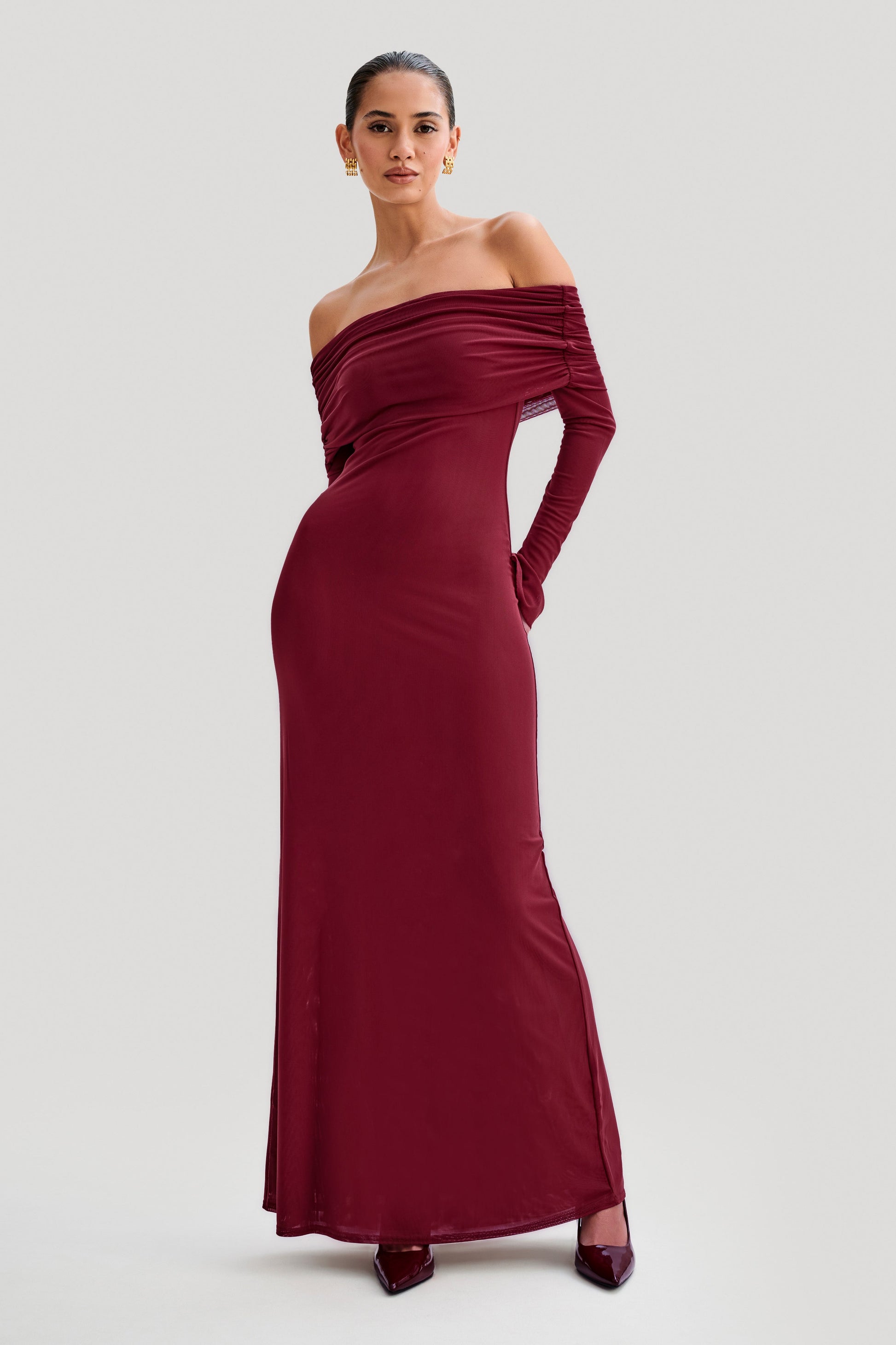 Josie Off Shoulder Mesh Maxi Dress / Wine | MESHKI