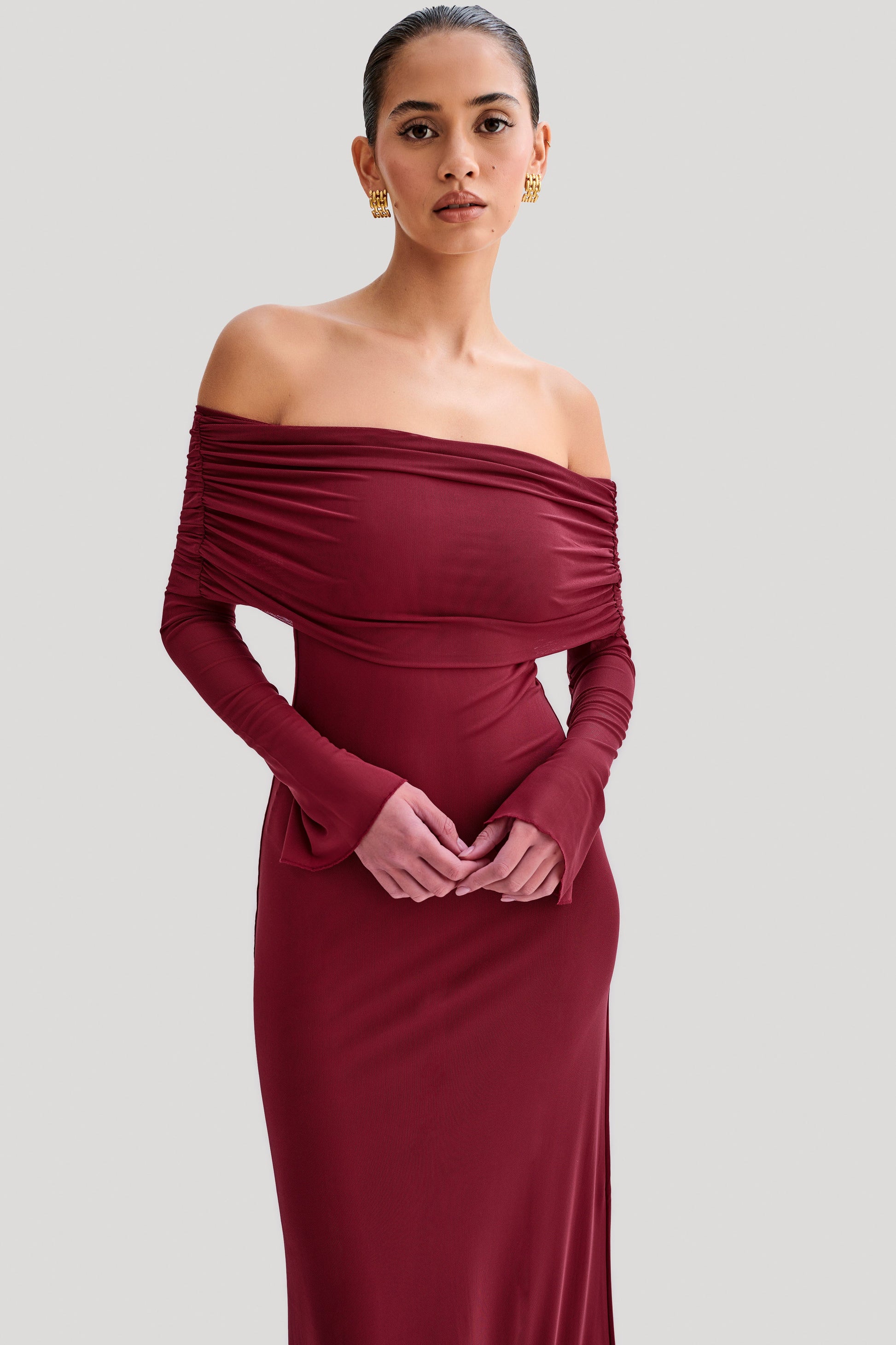 Josie Off Shoulder Mesh Maxi Dress - Wine | MESHKI US Josie Off Shoulder Mesh Maxi Dress - Wine | MESHKI US