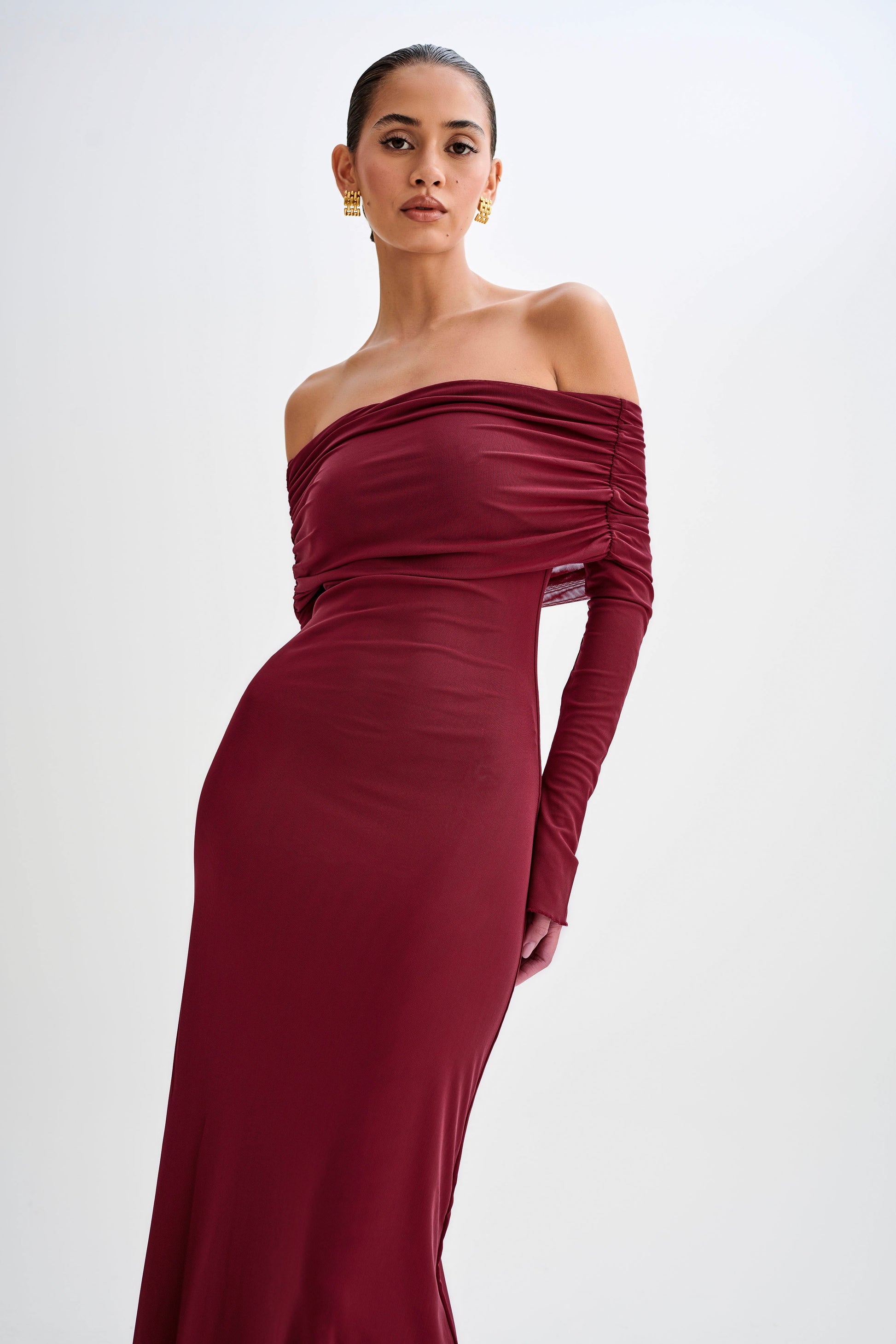 Josie Off Shoulder Mesh Maxi Dress - Wine | MESHKI US Josie Off Shoulder Mesh Maxi Dress - Wine | MESHKI US