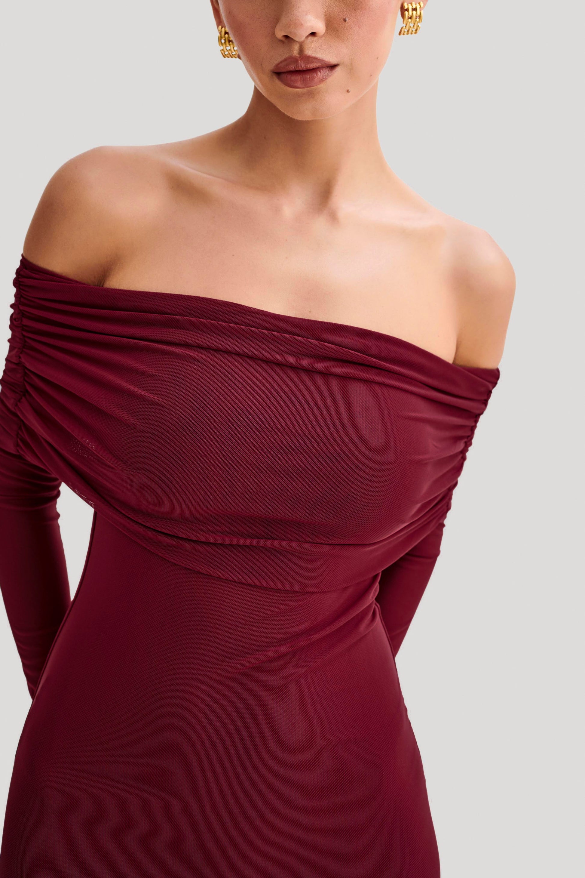 Josie Off Shoulder Mesh Maxi Dress - Wine Josie Off Shoulder Mesh Maxi Dress - Wine