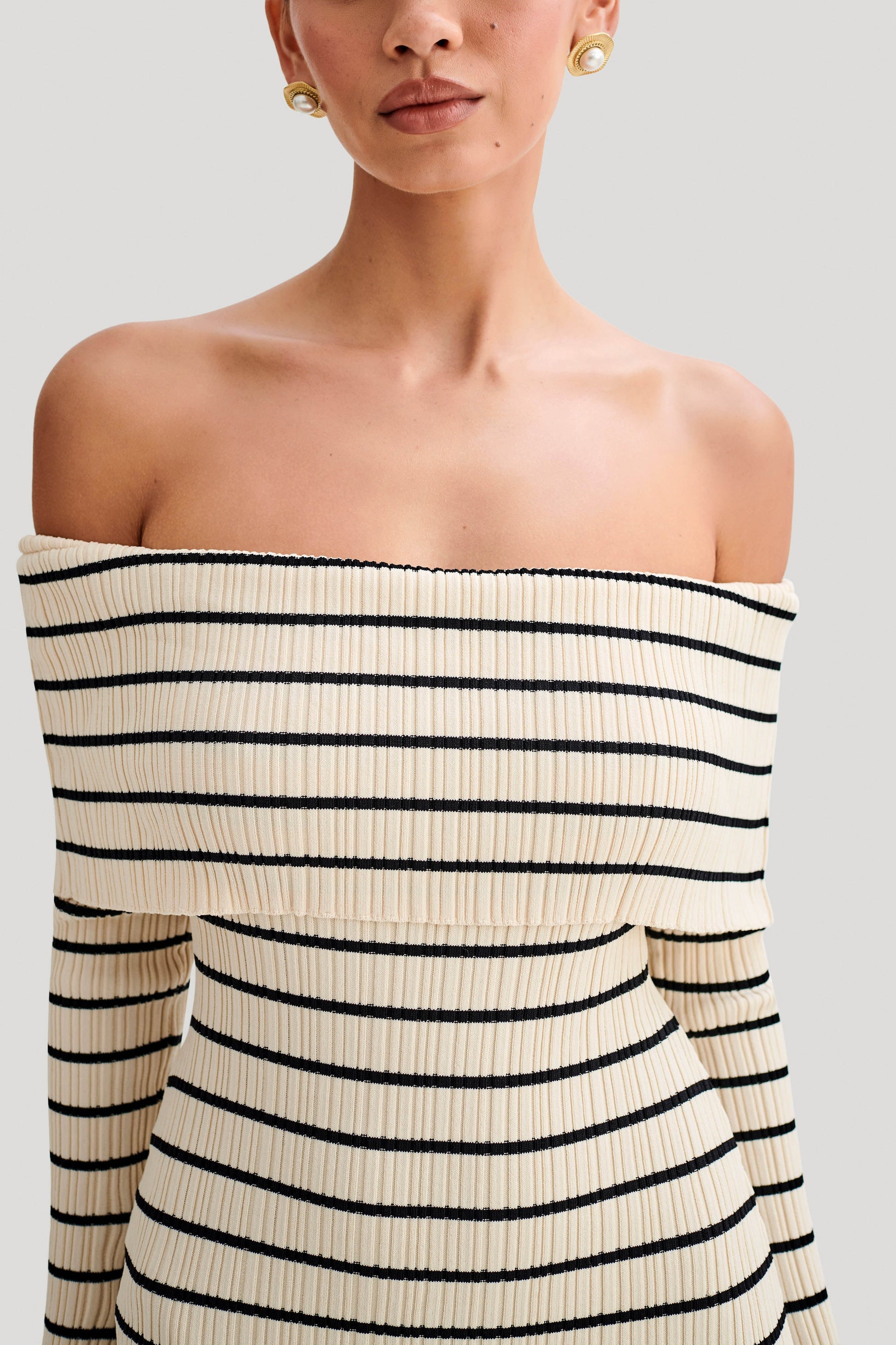 Dominica Off Shoulder Knit Mini Dress - Ivory | MESHKI US