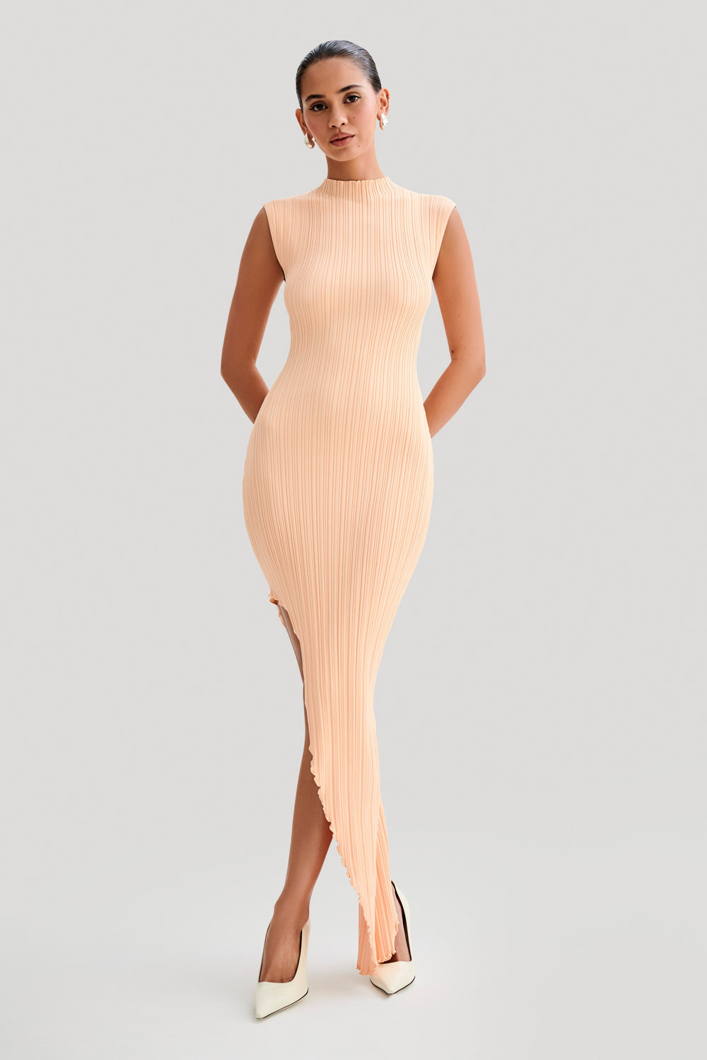 Arden Asymmetrical Rib Knit Maxi Dress - Light Peach
