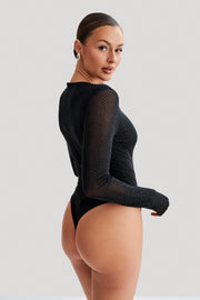 Selma Long Sleeve Diamante Bodysuit - Black/Black