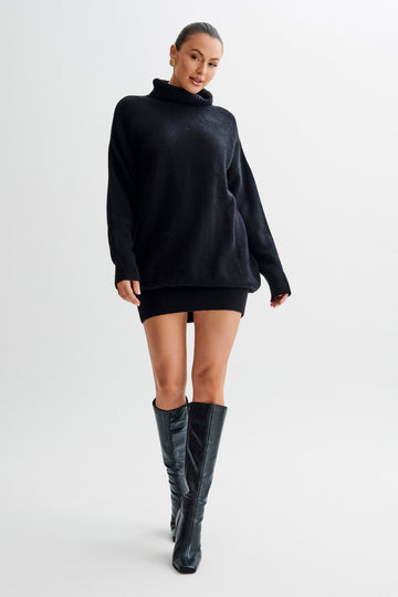 Long Sleeve Knit Mini Dress - Black