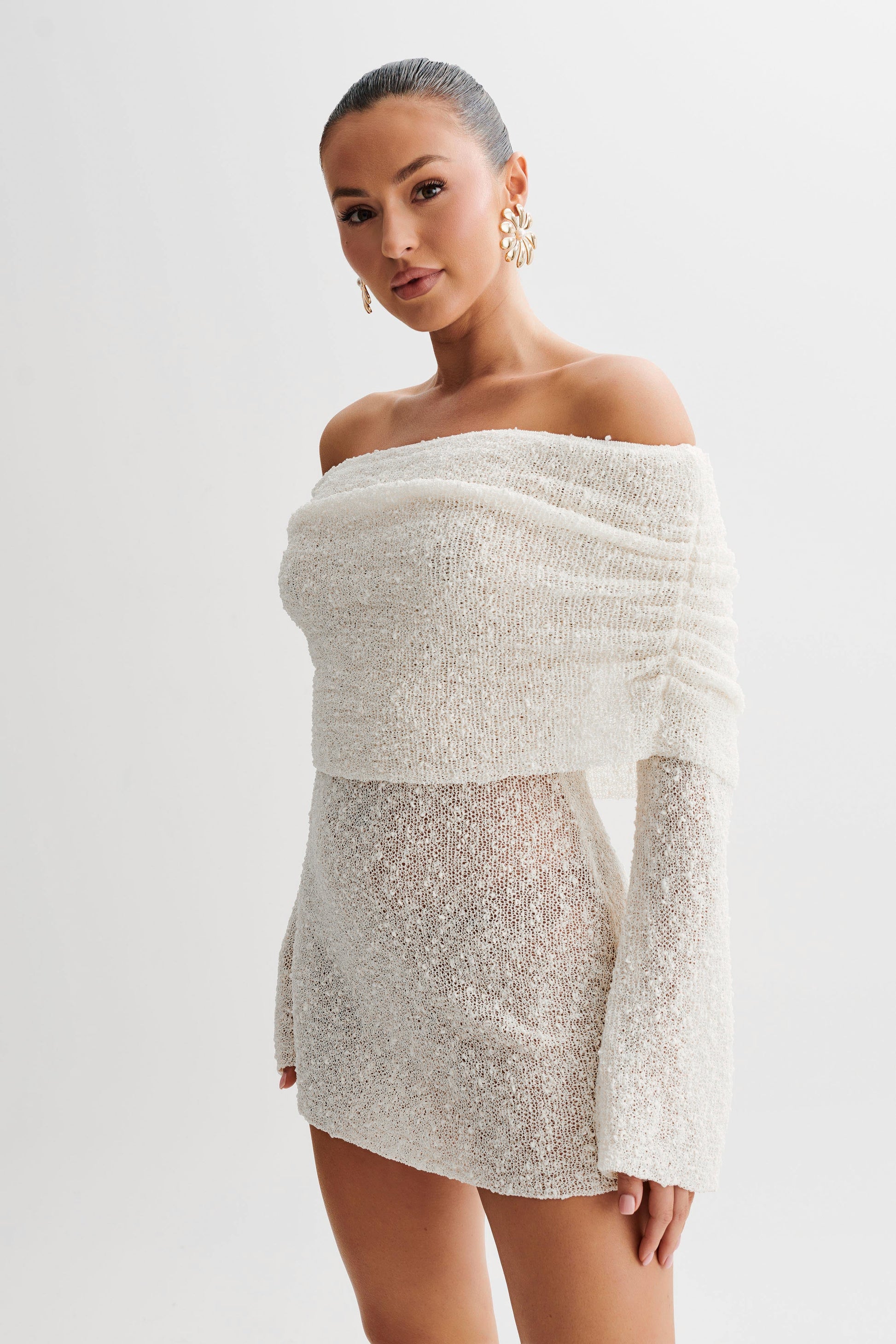 Marisol Off Shoulder Boucle Mini Dress - Ivory Marisol Off Shoulder Boucle Mini Dress - Ivory