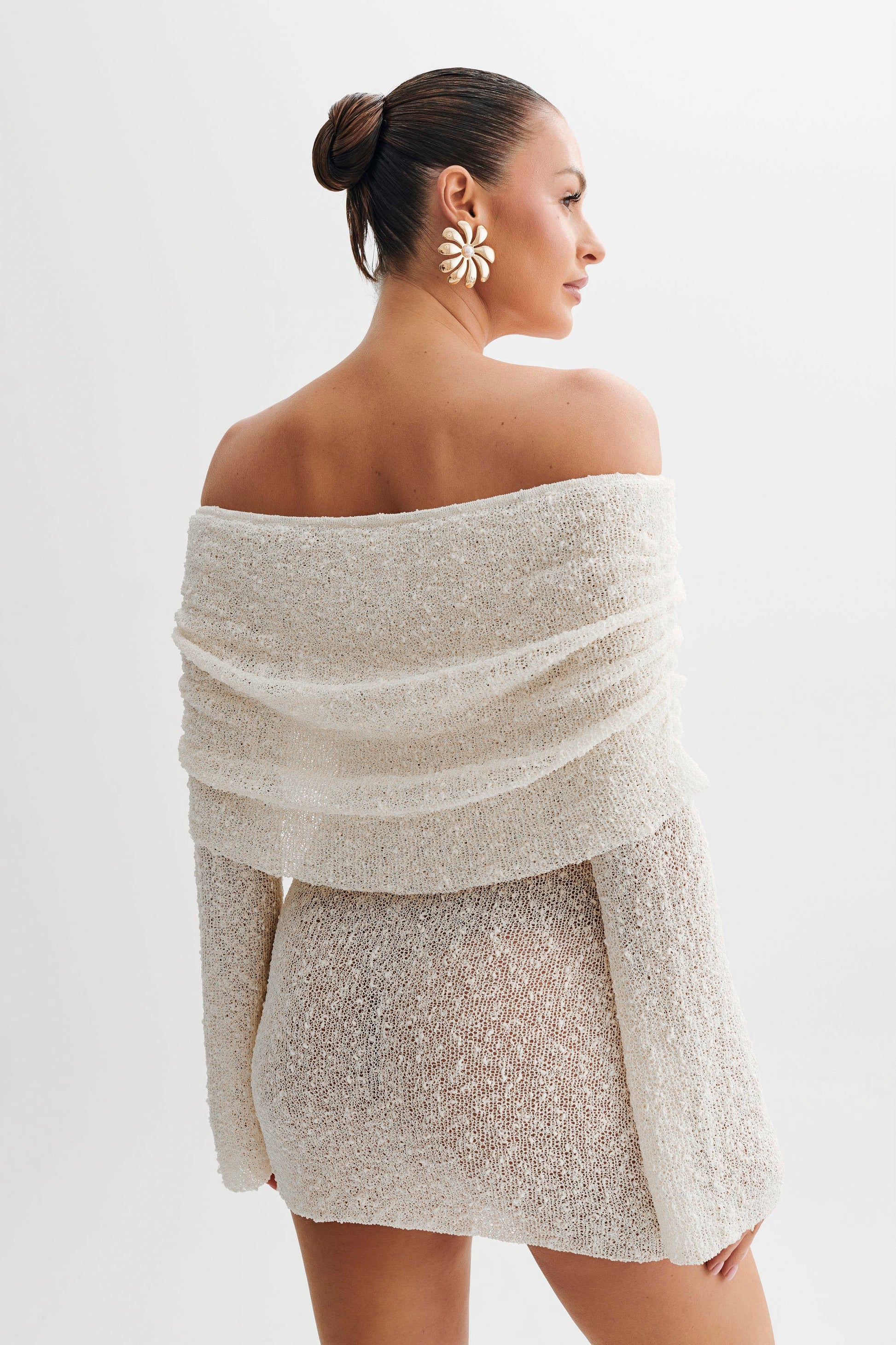 Marisol Off Shoulder Boucle Mini Dress / Ivory | MESHKI | 3XL Marisol Off Shoulder Boucle Mini Dress / Ivory | MESHKI | 3XL
