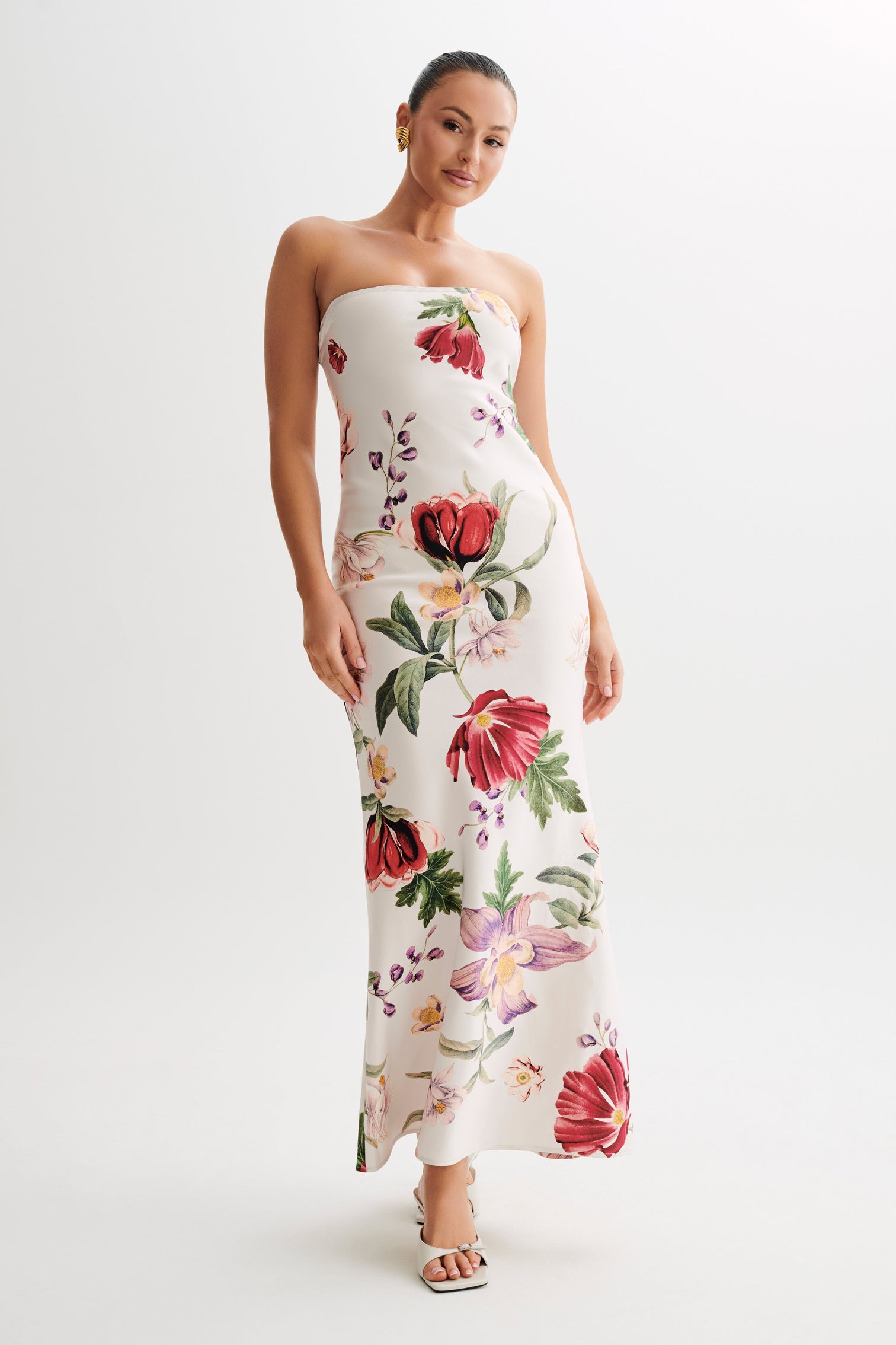 Claudette Strapless Satin Maxi Dress - Bella Rosa Print - MESHKI U.S Claudette Strapless Satin Maxi Dress - Bella Rosa Print - MESHKI U.S