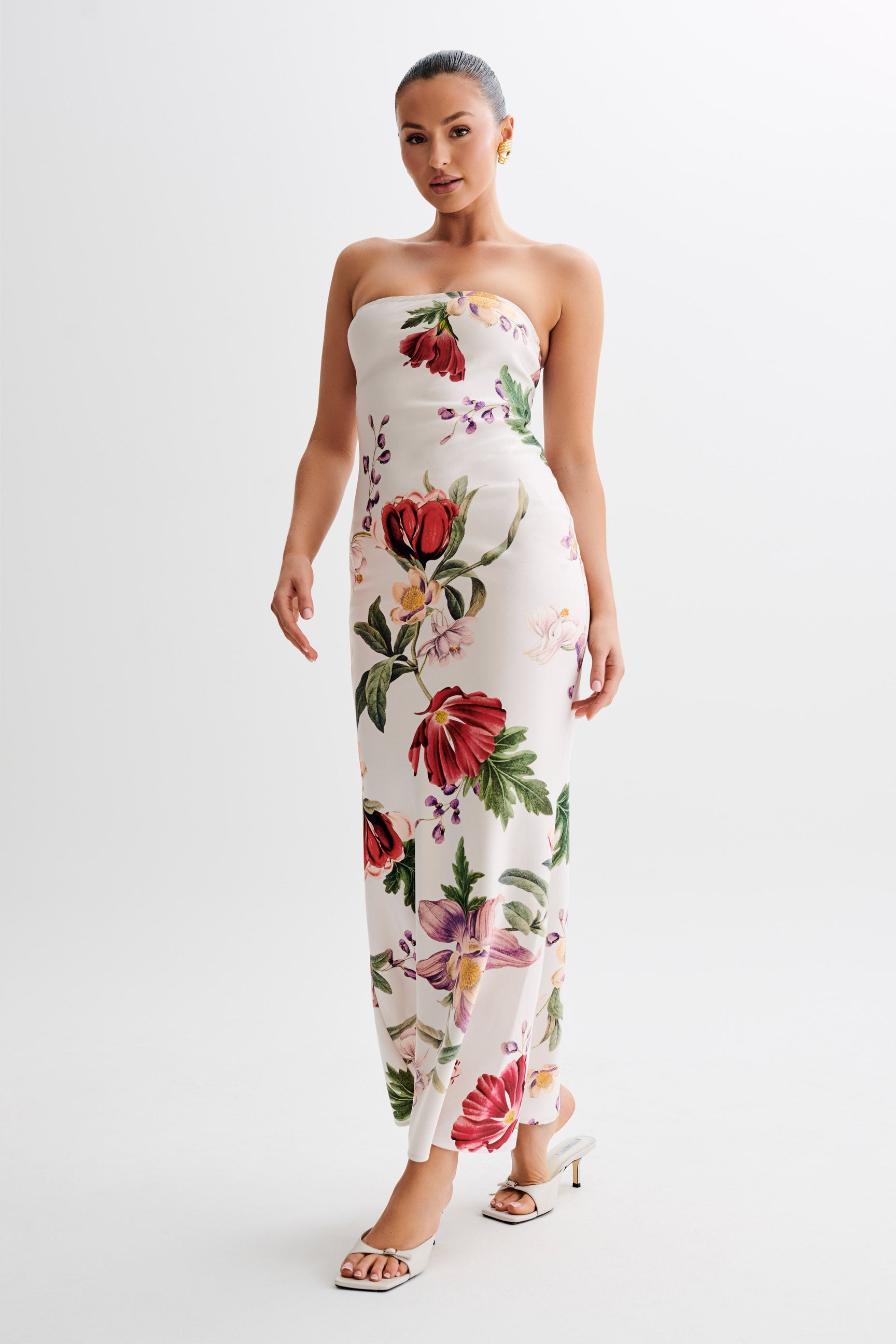 Claudette Strapless Satin Maxi Dress - Bella Rosa Print - MESHKI U.S Claudette Strapless Satin Maxi Dress - Bella Rosa Print - MESHKI U.S