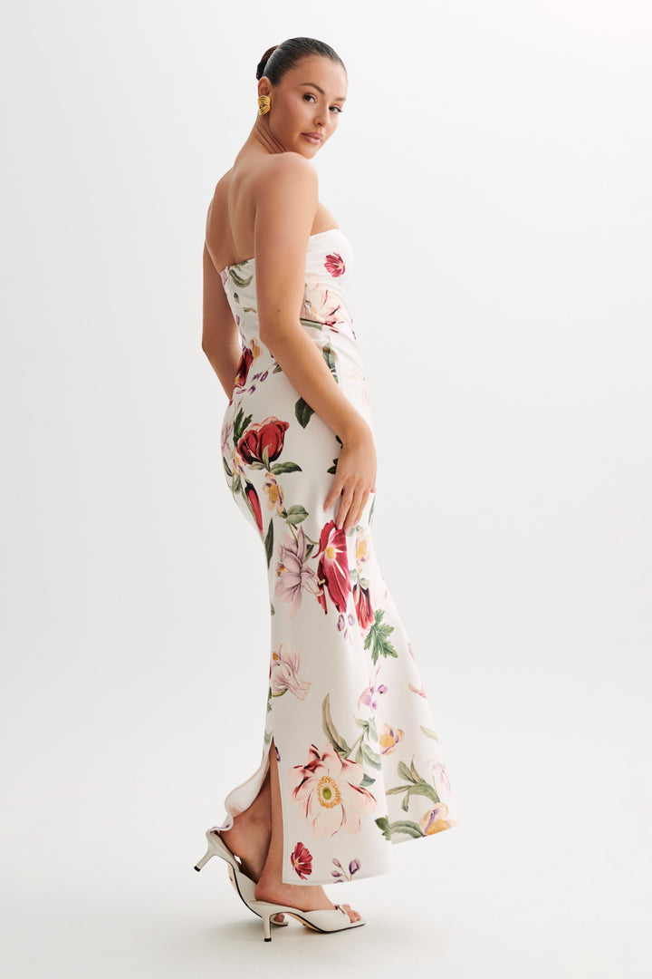 Claudette Strapless Satin Maxi Dress - Bella Rosa Print - MESHKI U.S Claudette Strapless Satin Maxi Dress - Bella Rosa Print - MESHKI U.S